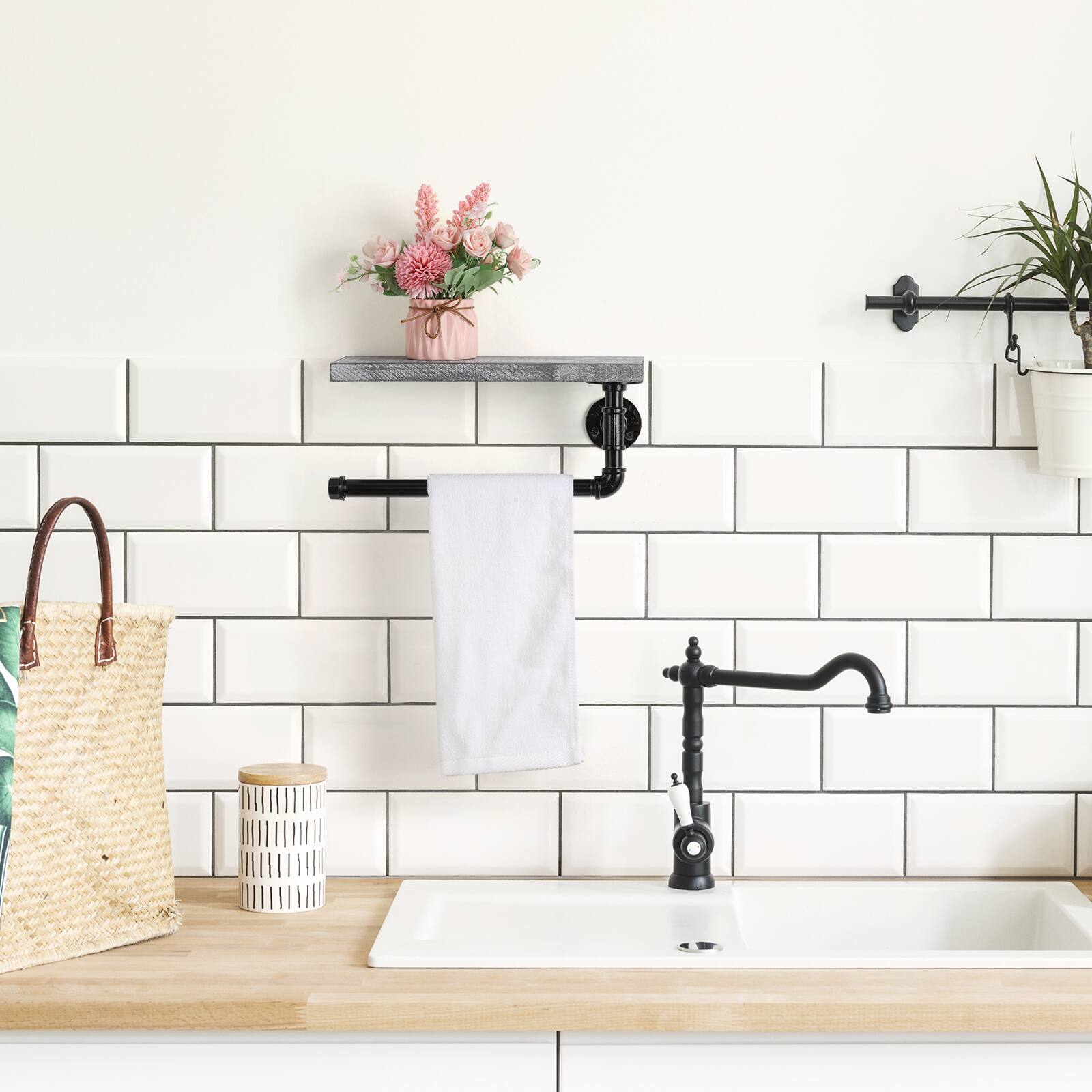 Alt View 2. Oumilen - Industrial Pipe Wall Mounted Paper Towel Holder with Greywashed Shelf – Kitchen Bathroom Rack.