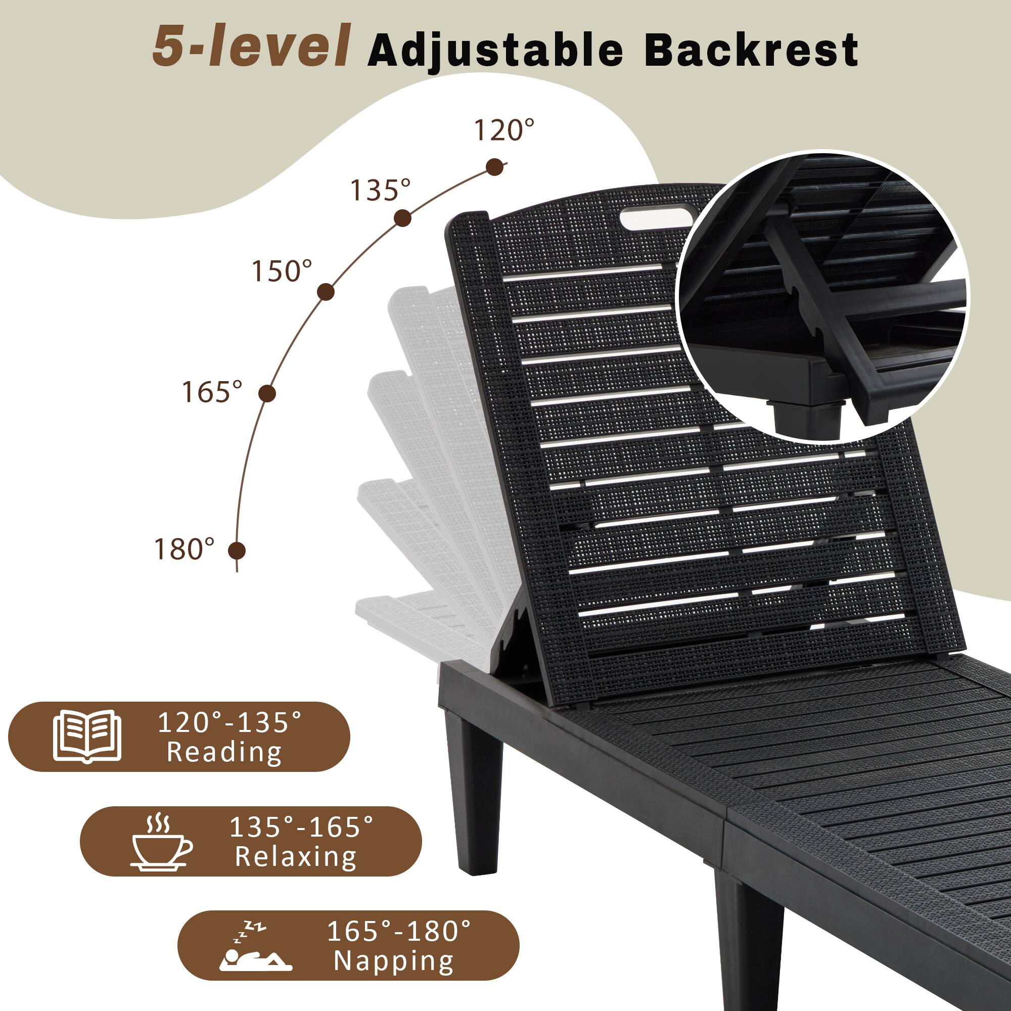 5-level Adjustable Backrest

120° - 135° Reading  
135° - 165° Relaxing  
165° - 180° Napping