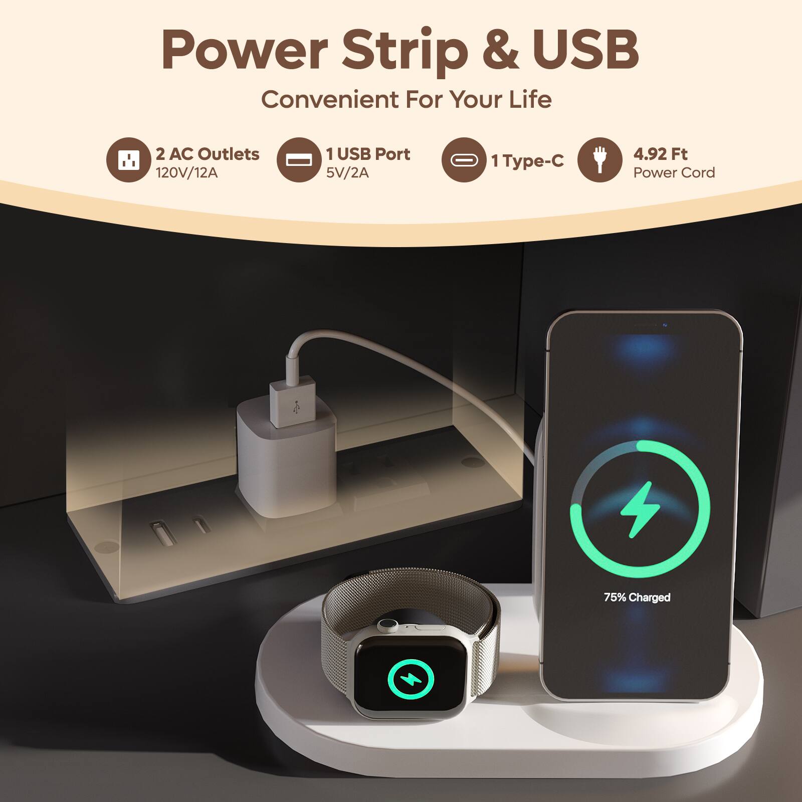 Power Strip & USB  
Convenient For Your Life  

- 2 AC Outlets 120V/12A  
- 1 USB Port 5V/2A  
- 1 Type-C  
- 4.92 Ft Power Cord  
- 75% Charged