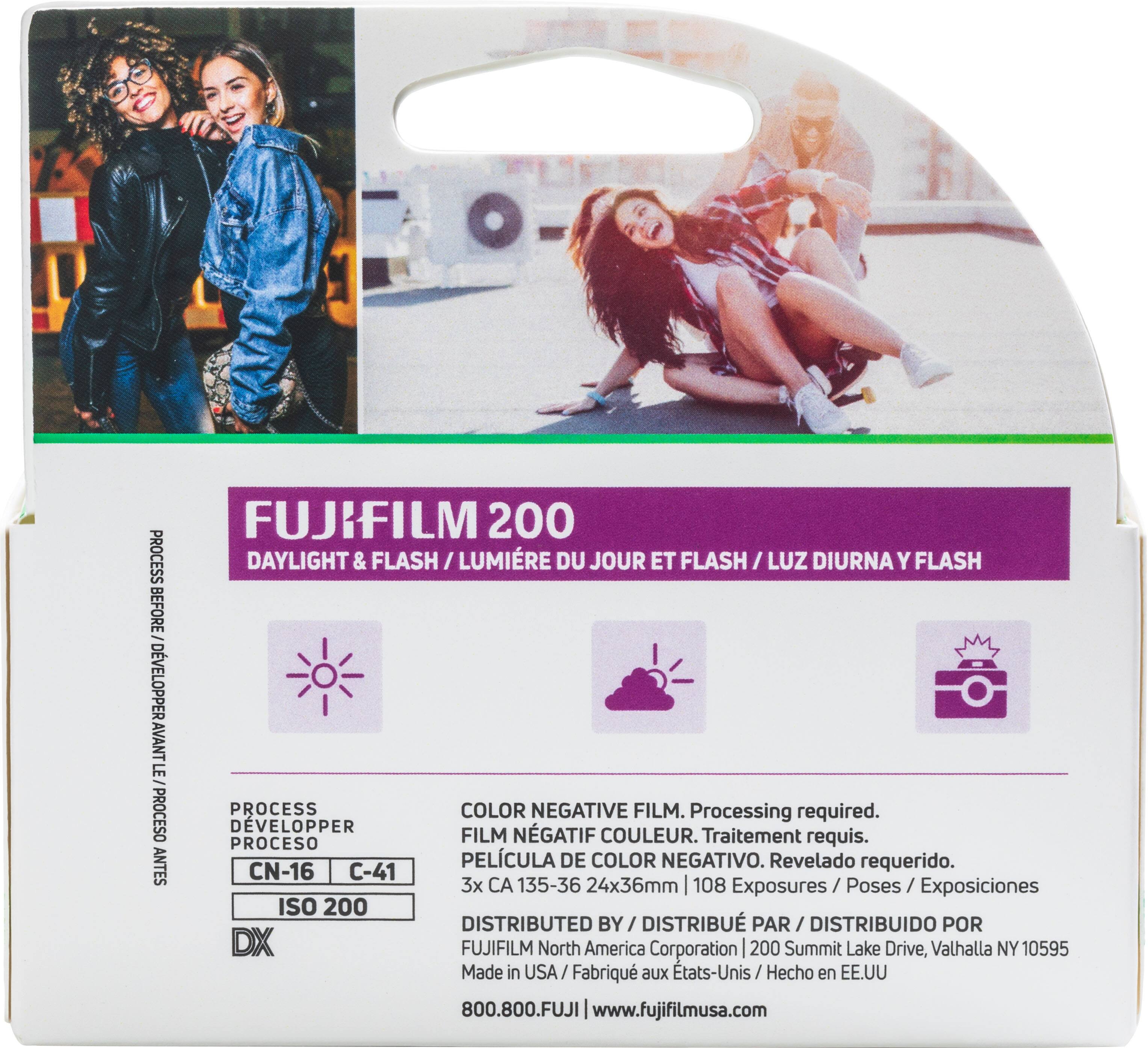 **FUJIFILM 200**  
DAYLIGHT & FLASH / LUMIÈRE DU JOUR ET FLASH / LUZ DIURNA Y FLASH  

**PROCESS BEFORE DEVELOPPER AVANT LE PROCESO ANTES**  
PROCESS DEVELOPPER PROCESO  
CN-16 C-41  
ISO 200  

**COLOR NEGATIVE FILM. Processing required.**  
FILM NÉGATIF COULEUR. Traitement requis.  
PELICULA DE COLOR NEGATIVO. Revelado requerido.  

**3x CA 135-36 24x36mm | 108 Exposures/ Poses/ Exposiciones**  
6 24x36mm | 108 Exposures/ Poses/ Exposiciones  

**DISTRIBUTED BY / DISTRIBUÉ PAR / DISTRIBUIDO POR**  
FUJIFILM North America Corporation | 200 Summit Lake Drive, Valhalla NY 10595  
Made in USA / Fabriqué aux États-Unis / Hecho en EE.UU  

**800.800.F