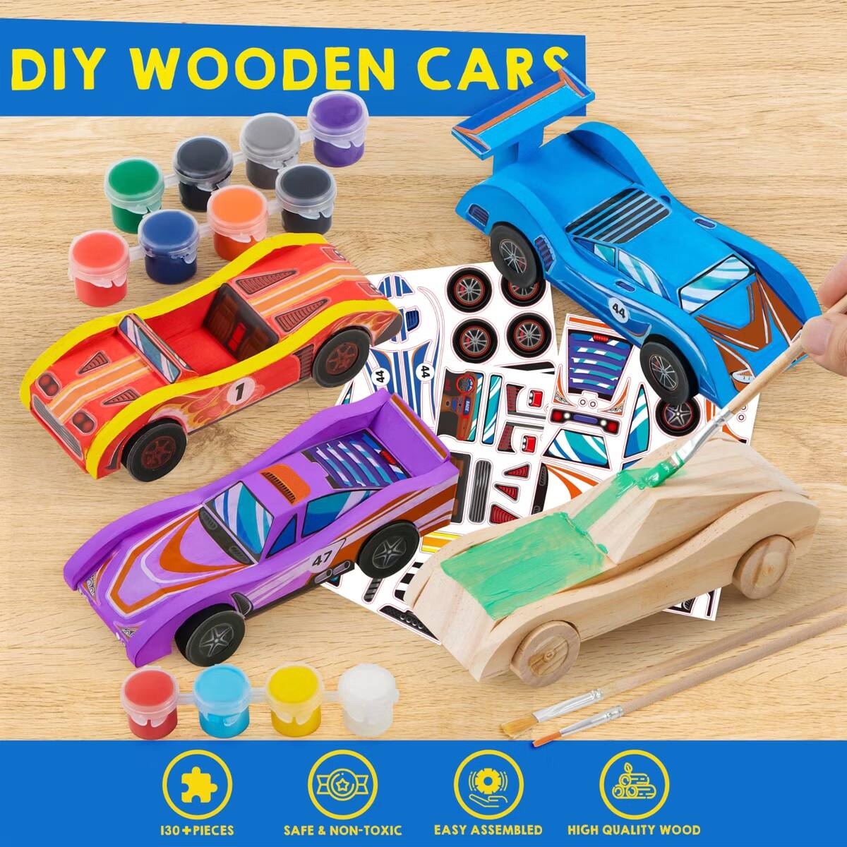 DIY WOODEN CARS

44 44 44 47

HOR 0 1 130 + PIECES

SAFE & NON-TOXIC

EASY ASSEMBLED

HIGH QUALITY WOOD