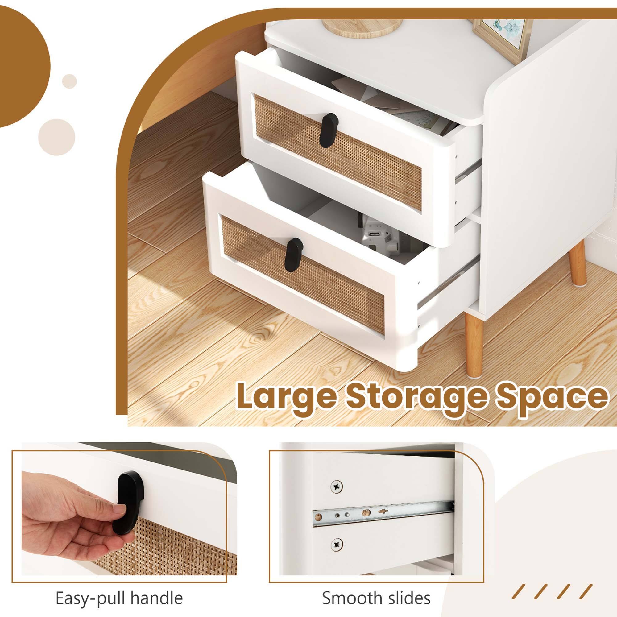The text on the image reads: "Large Storage Space Easy-pull handle Smooth slides."