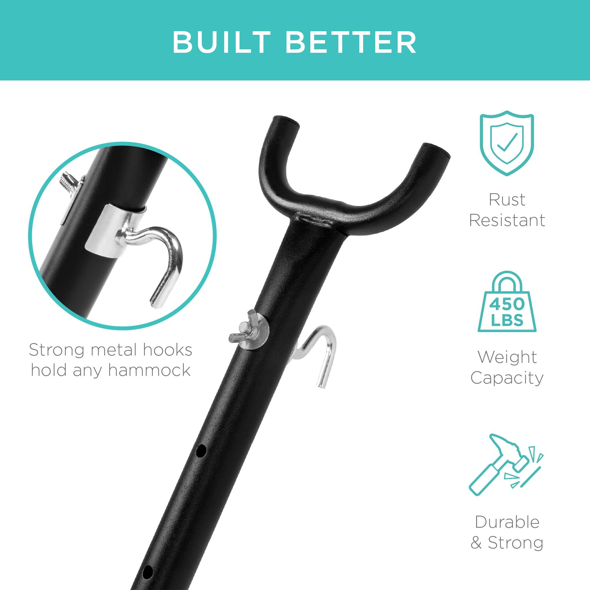 BUILT BETTER

- Strong metal hooks hold any hammock
- Rust Resistant
- 450 LBS Weight Capacity
- Durable & Strong