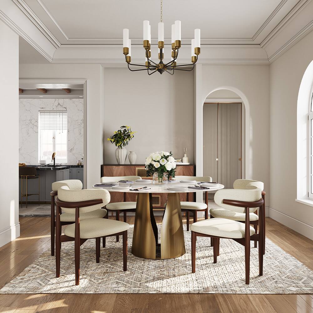 Angle. POVISON - 59" Modern Glossy White Sintered Stone Round Dining Table for 6 with Bronze Steel Base - Glossy White Sintered Stone & Bronze Steel Base.