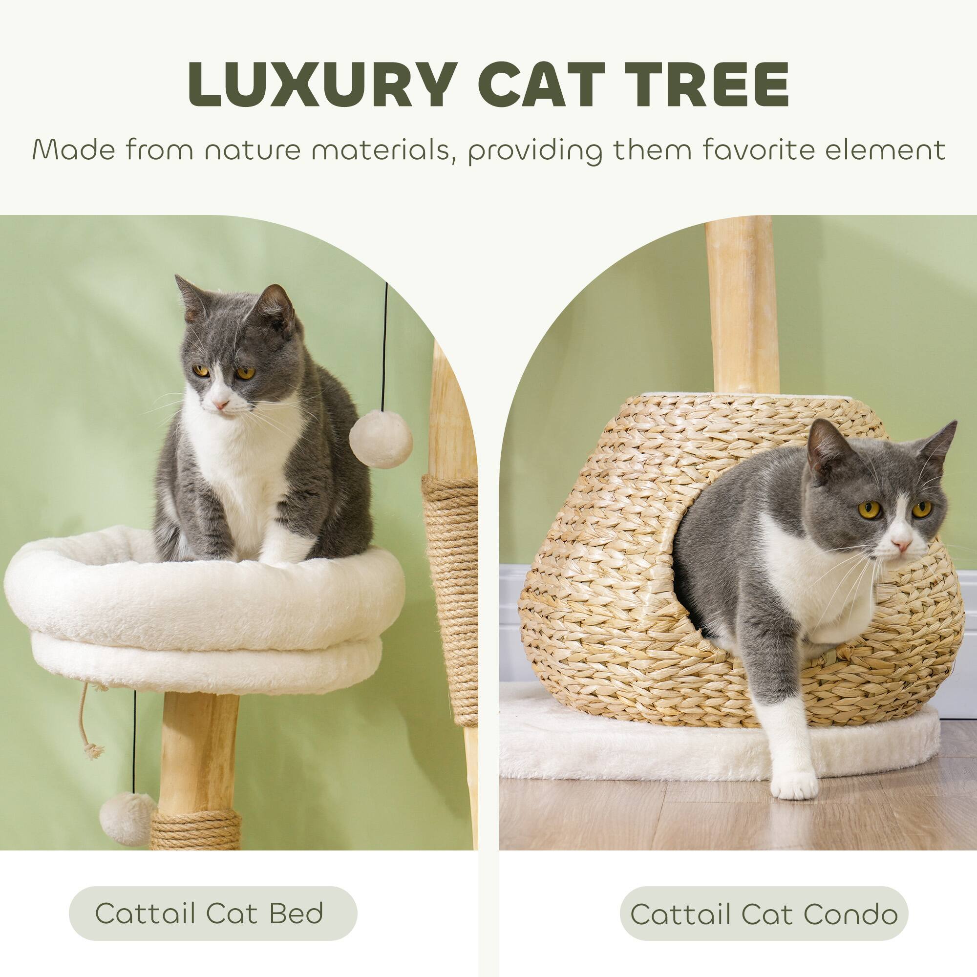 Alt View 1. Pawhut - 41" Wooden Cat Tree for Indoor Cats, Tower with 2 Real Branch Scratching Posts, Condo, Beds & Toy Balls, Activity Center - Cream White.