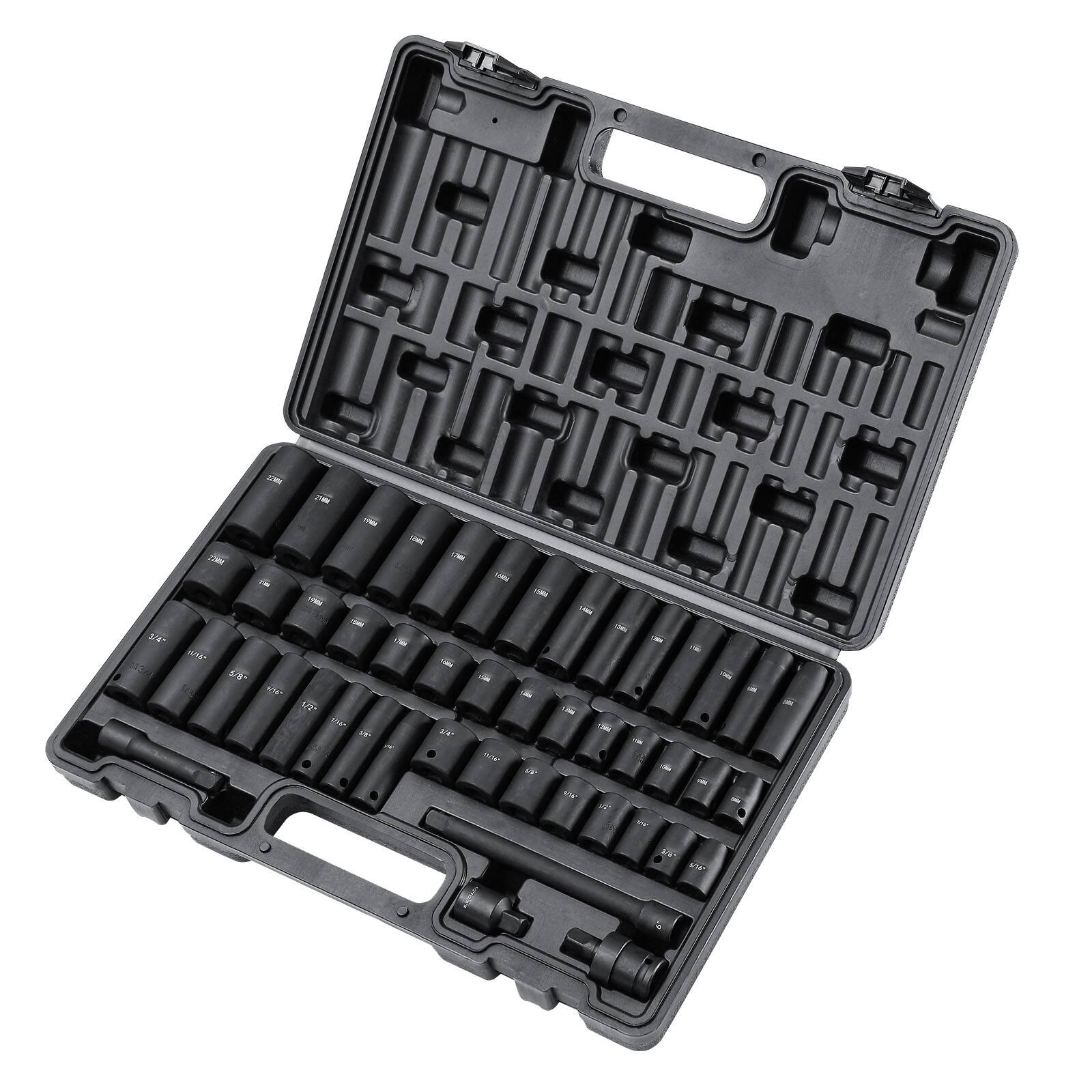 Angle. LOVMOR - 3 8 Drive Impact Set 48 Piece SAE Metric 6 Point Drive Extension Bar Universal Joint Adapter Storage Case.