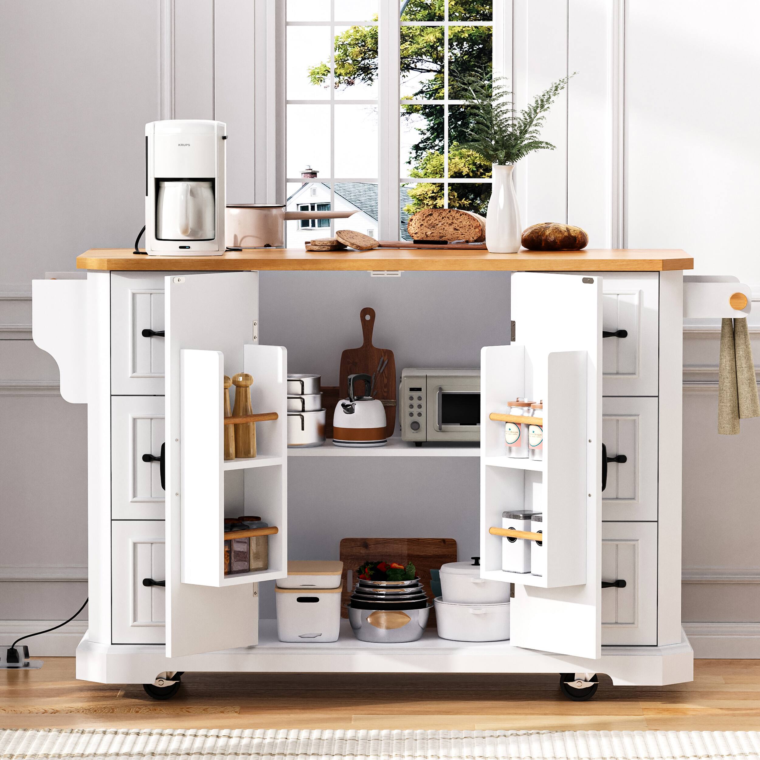 Front. PexFix - 56" Kitchen Island with Power Outlet & Drop Leaf - Rolling Cart with 6 Deep Drawers, 4-Door Shelves & Rubber Wood Top - White.