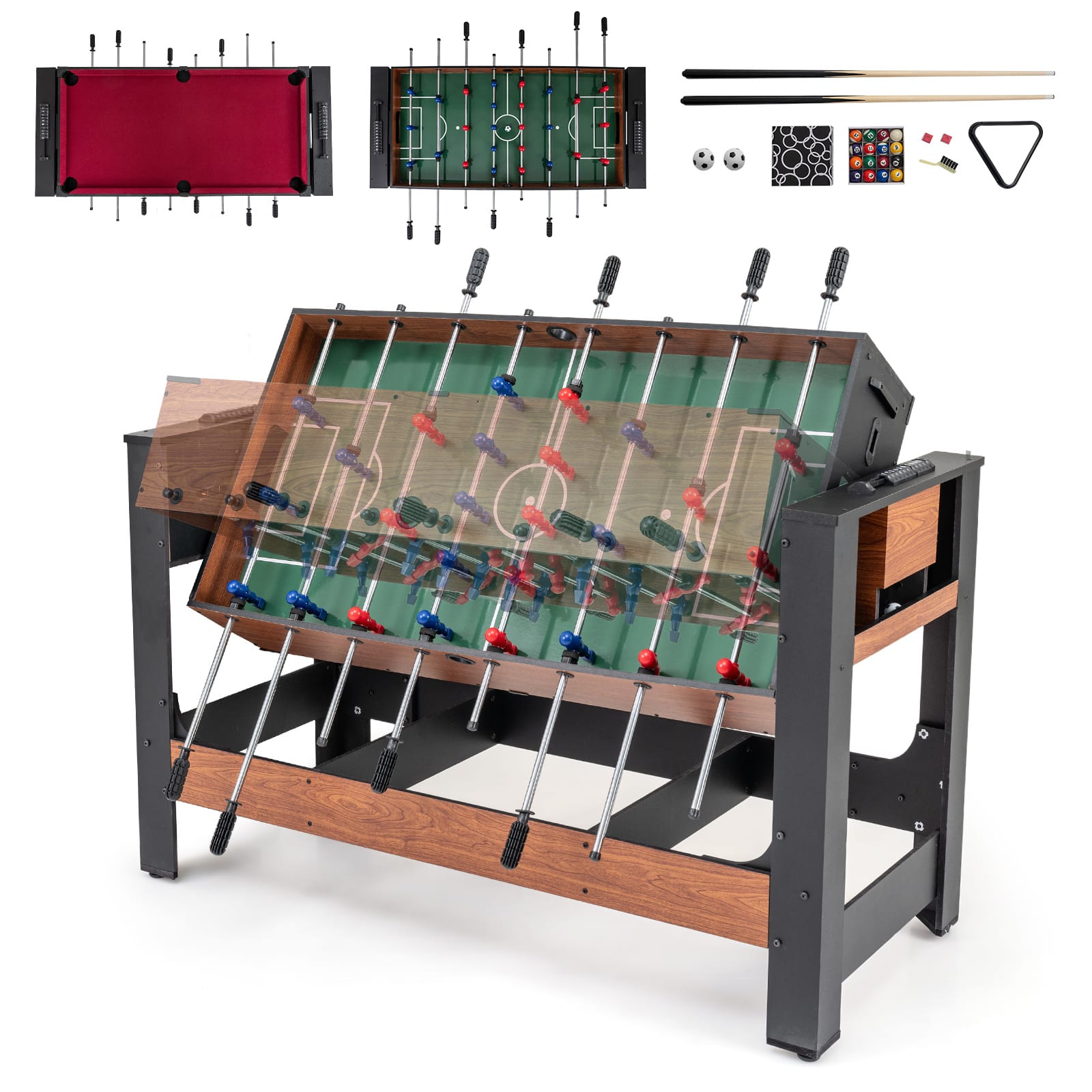 Gymax - 2-in-1 Swivel Game Table w/Legs Cues Triangle Brush Chalks for Kids Teens Adults - Brown