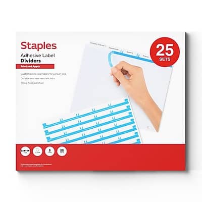 Staples  
Adhesive Label Dividers  
Polar and Apply  

Customize your labels for a clean look  
Durable and tear-resistant tabs  
Three-hole punched  

25 SETS  

LETTER  
5  
25  

Customize your labels for a clean look  
Durable and tear-resistant tabs  
Three-hole punched