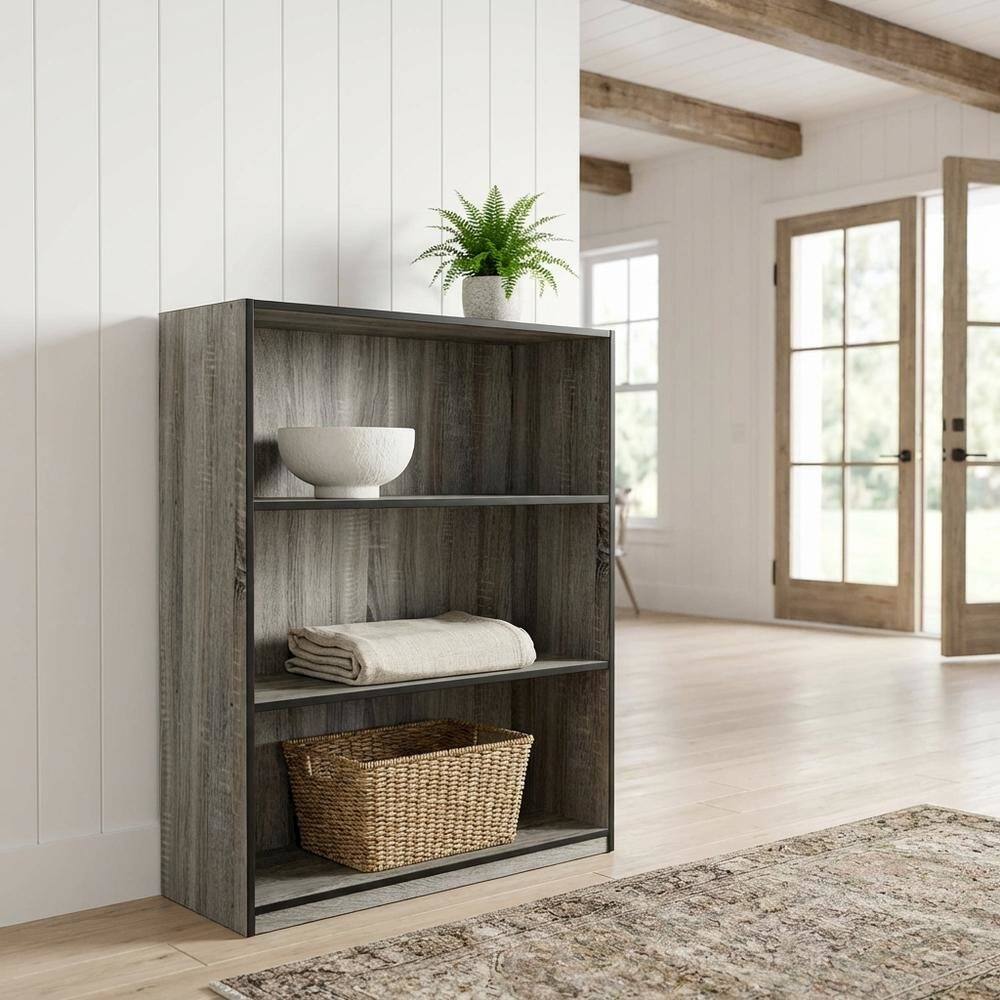 Angle. FurniFact - Grey 3-Tier Bookcase with Wood Shelves for Organized Storage - French Oak Grey/Black.