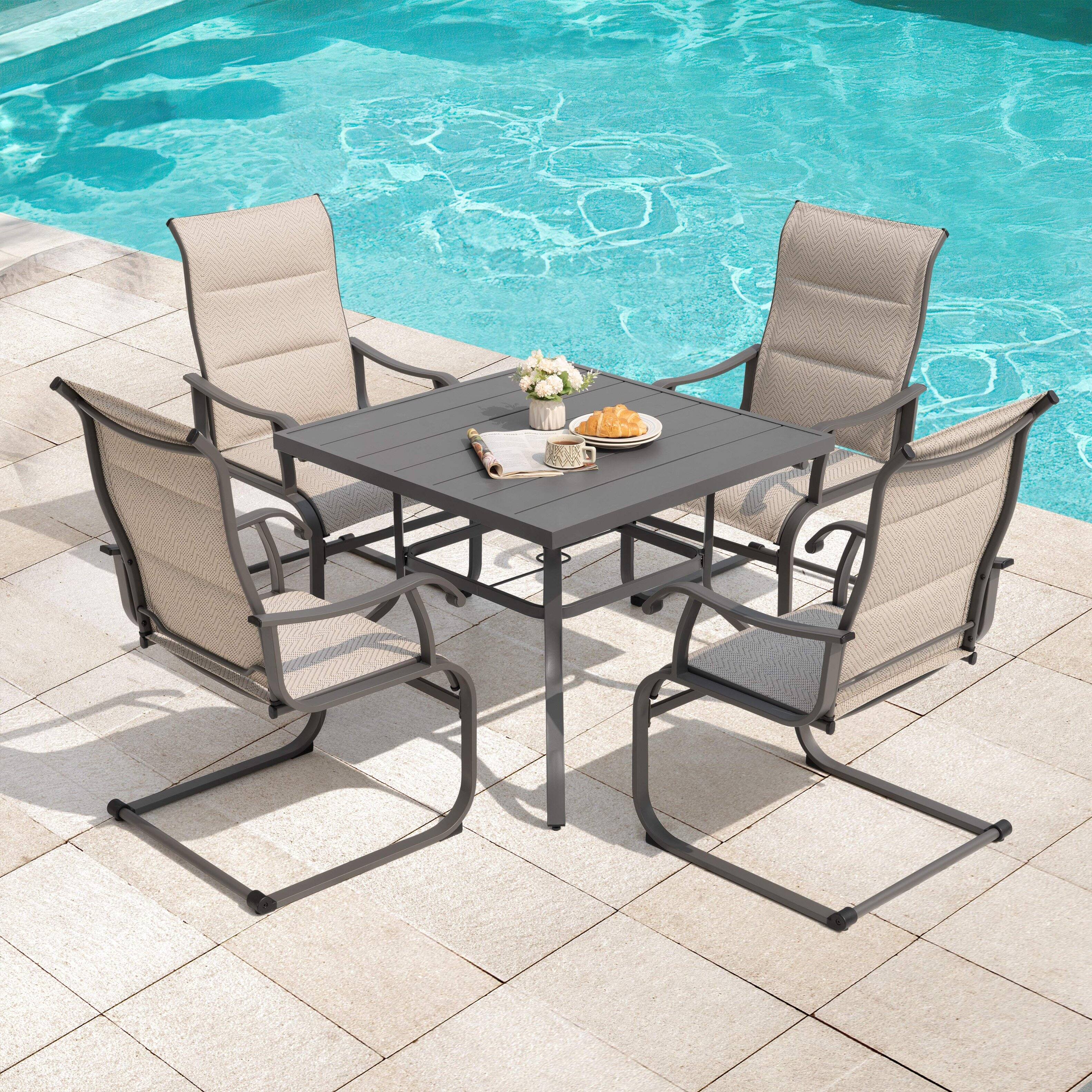 Angle. Nuu Garden - Patio 5-Piece Dining Table Set with Umbrella Hole and Textilene Chairs - Beige and Gray.