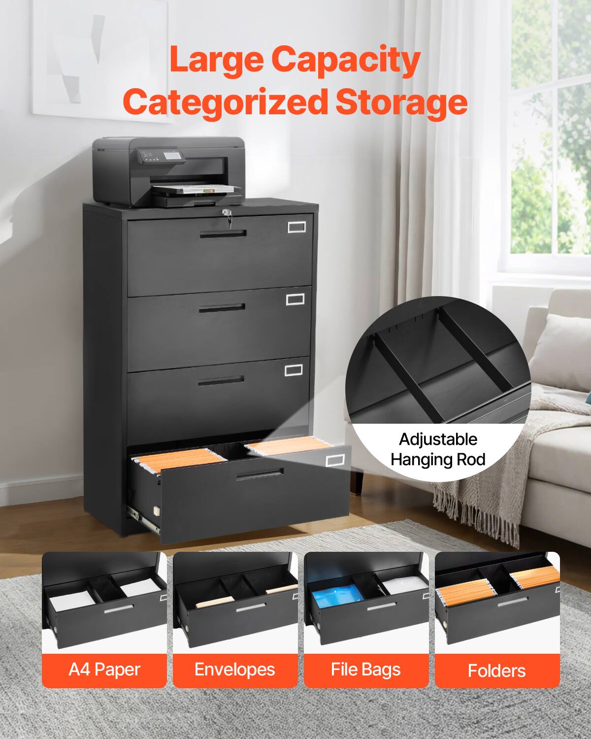 Large Capacity Categorized Storage

Adjustable Hanging Rod

A4 Paper

Envelopes

File Bags

Folders