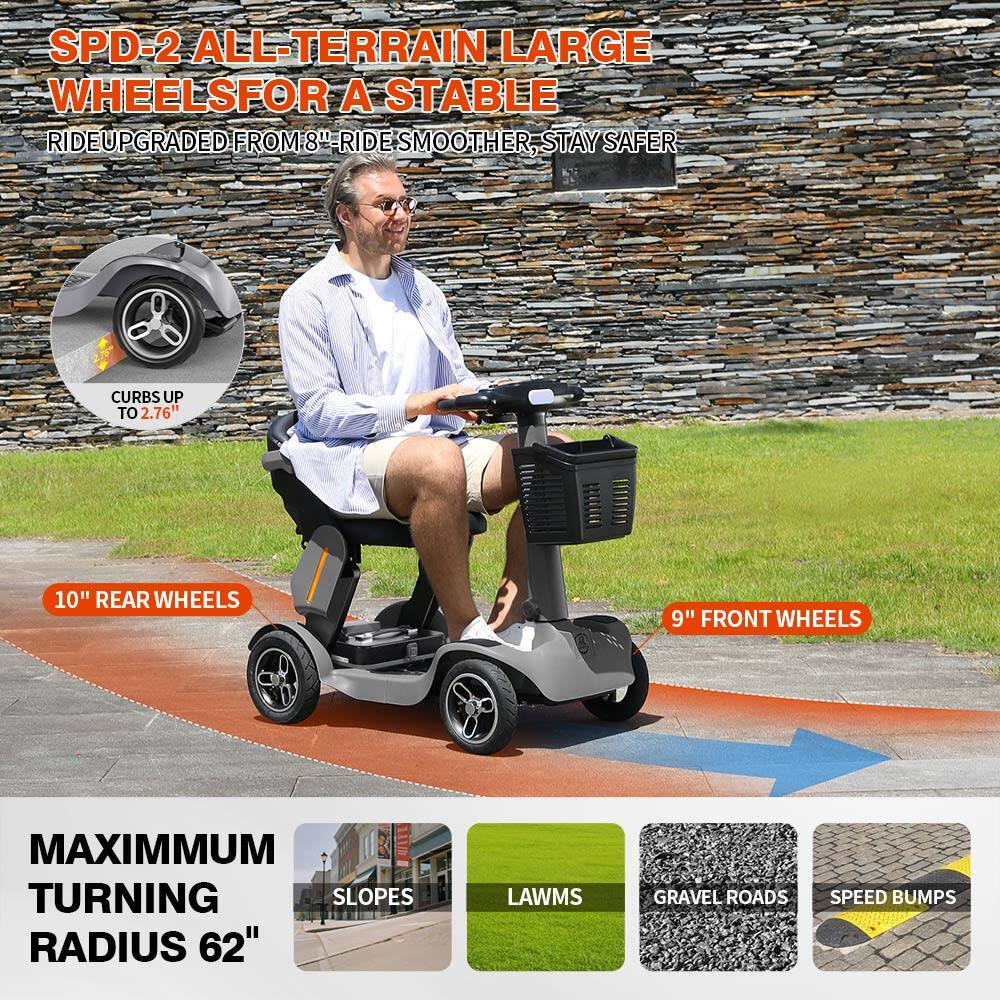 SPD-2 ALL-TERRAIN LARGE WHEELS FOR A STABLE RIDE  
UPGRADED FROM 8" RIDE SMOOTHER, STAY SAFER  
CURBS UP TO 2.76"  
10" REAR WHEELS  
9" FRONT WHEELS  
MAXIMUM TURNING SLOPES RADIUS 62"  
LAWNS, GRAVEL ROADS, SPEED BUMPS