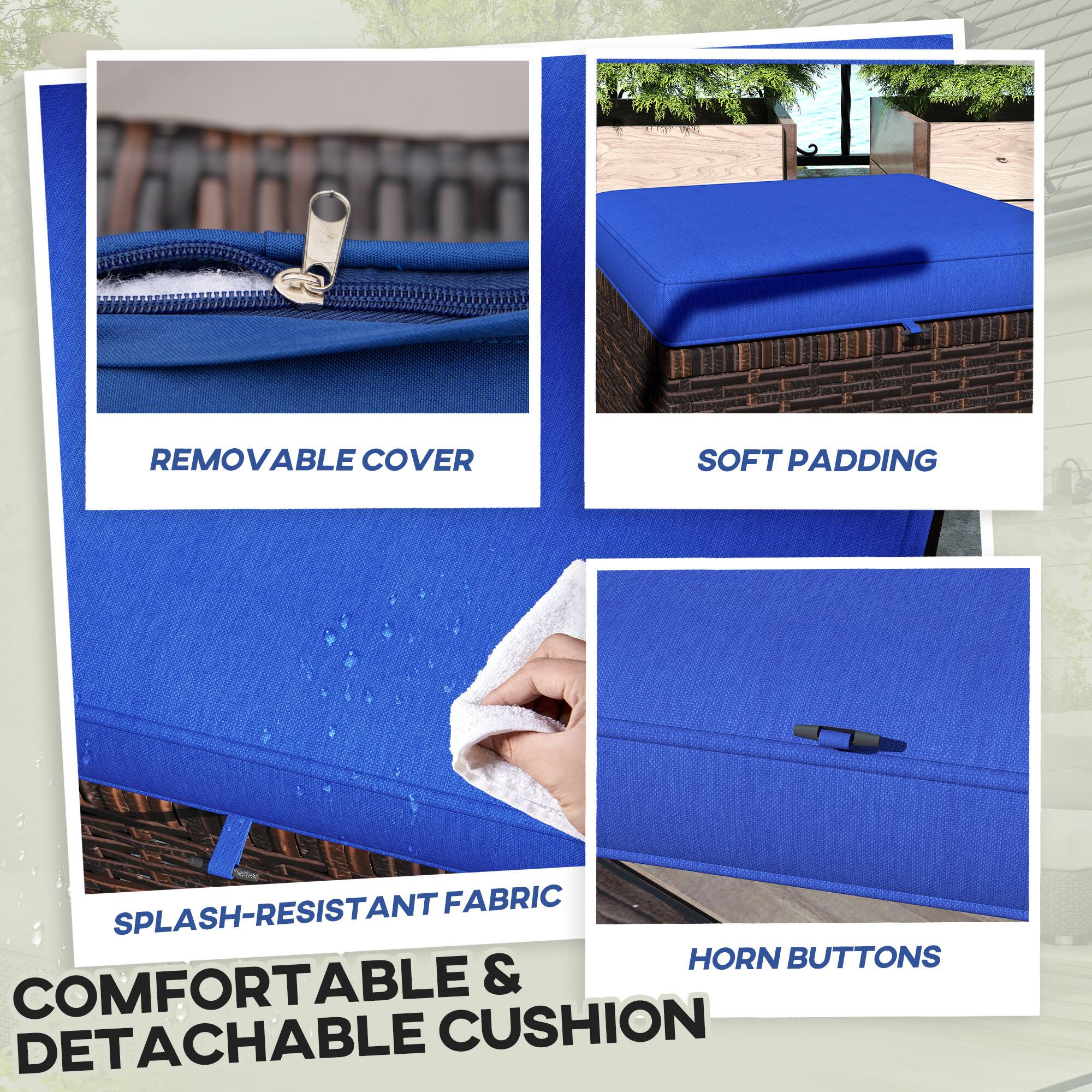 COMFORTABLE & DETACHABLE CUSHION
REMOVABLE COVER
SOFT PADDING
SPLASH-RESISTANT FABRIC
HORN BUTTONS