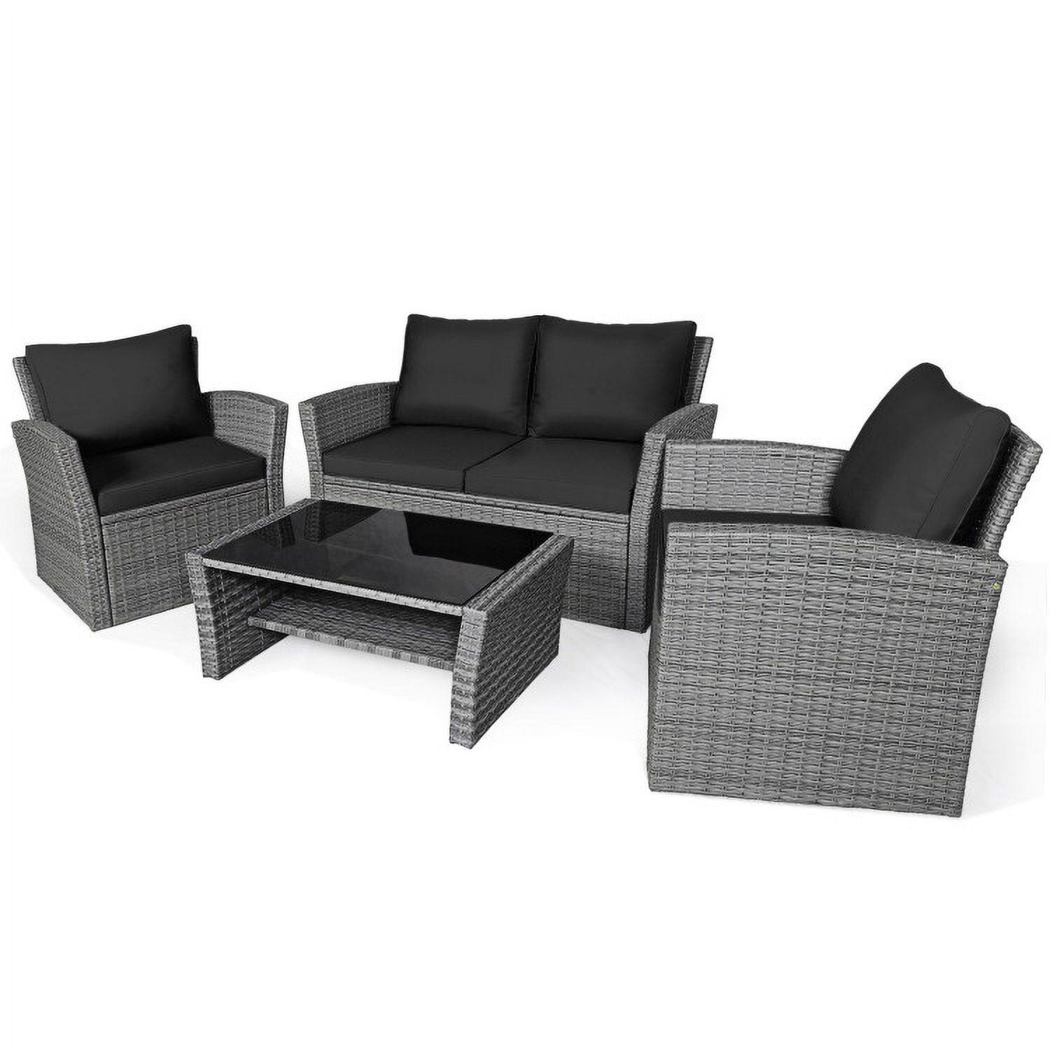 Alt View 6. Kadyn - 4 Pieces Patio Rattan Furniture Set, Outdoor Furniture Garden Conversation Sets with Storage Shelf Cushion-Khaki - Black.