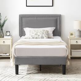 Vecelo - Twin Size Platform Bed Frame with Adjustable Upholstered Headboard, Strong Wood Slat Support,No Box Spring Needed - Dark Gray