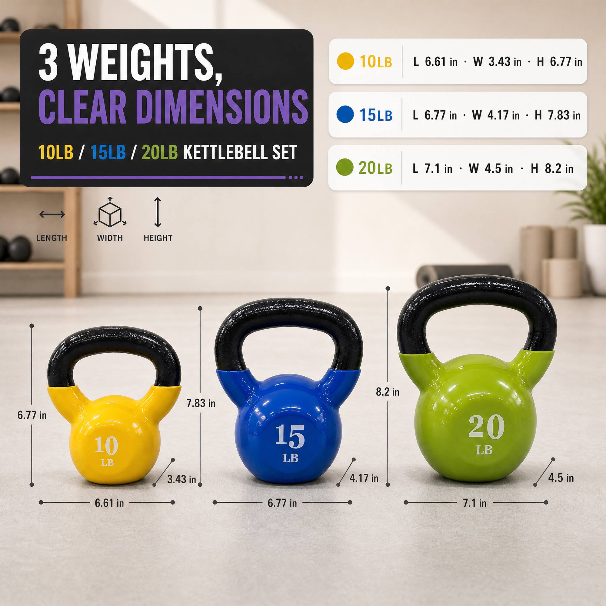 3 WEIGHTS, CLEAR DIMENSIONS  
10LB / 15LB / 20LB KETTLEBELL SET

LENGTH | WIDTH | HEIGHT  
10 LB | L 6.61 in | W 3.43 in | H 6.77 in  
15 LB | L 6.77 in | W 4.17 in | H 7.83 in  
20 LB | L 7.1 in | W 4.5 in | H 8.2 in