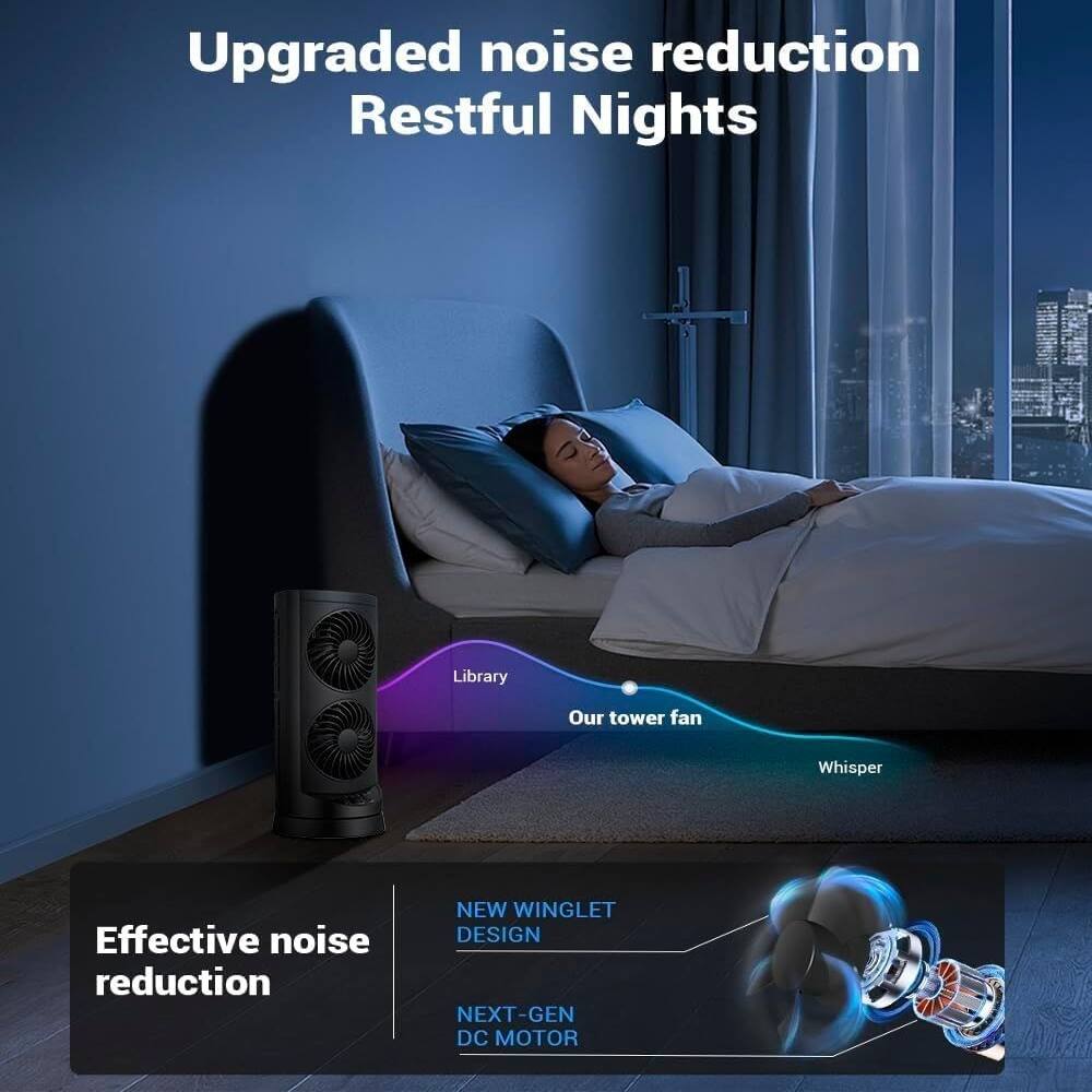 Upgraded noise reduction  
Restful Nights  

Our tower fan Whisper  

Effective noise reduction  

NEW WINGLET DESIGN  
NEXT-GEN DC MOTOR