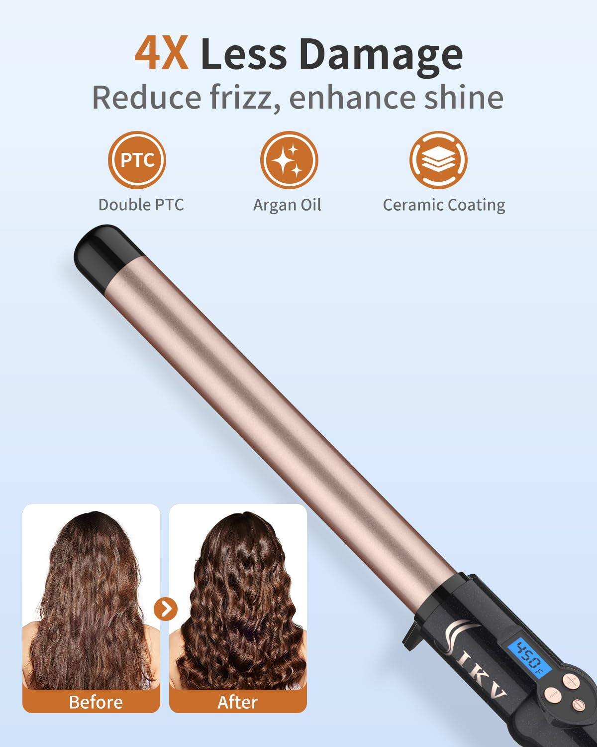 4X Less Damage  
Reduce frizz, enhance shine  

- Double PTC  
- Argan Oil  
- Ceramic Coating  

Before > After  

450°F