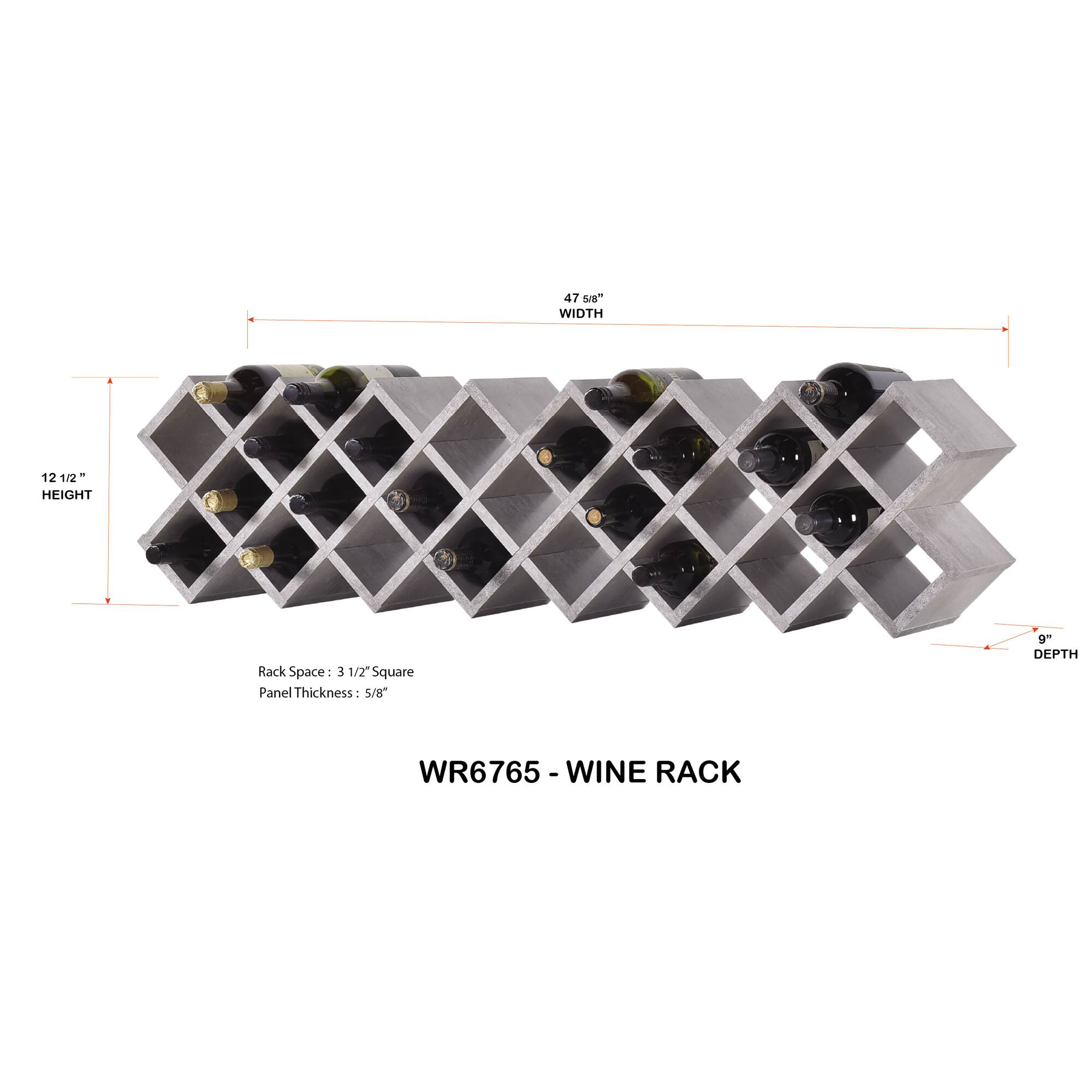 WR6765 - WINE RACK

- WIDTH: 47 5/8"
- HEIGHT: 12 1/2"
- DEPTH: 9"

Rack Space: 3 1/2" Square
Panel Thickness: 5/8"