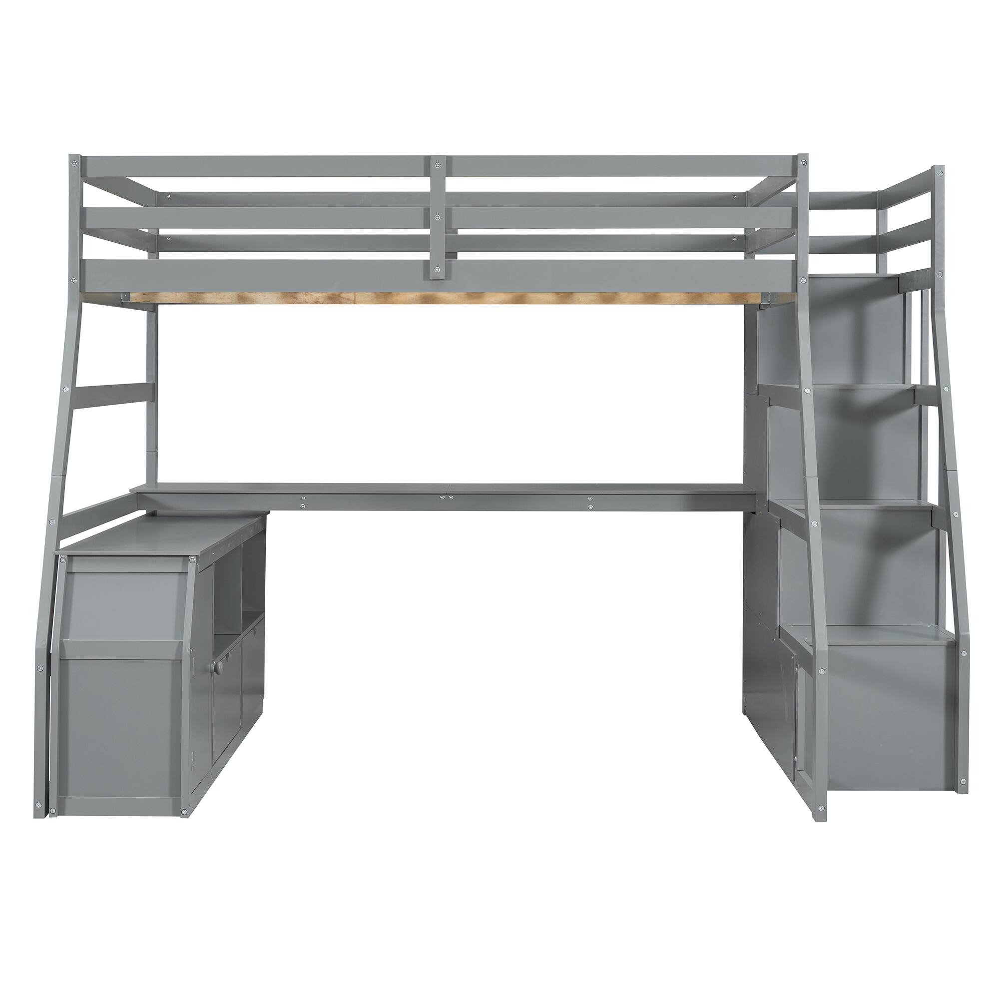 Back. Tiramisubest - Full Size Gray Loft Bed with 7 Drawers, 2 Shelves & Desk - Plywood, Sturdy & Uniquely Designed - Gray.