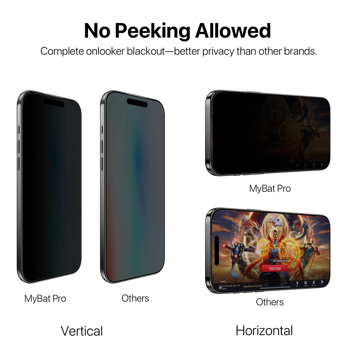 No Peeking Allowed  
Complete onlooker blackout—better privacy than other brands.

MyBat Pro  
Others

Vertical

MyBat Pro  
Others

Horizontal