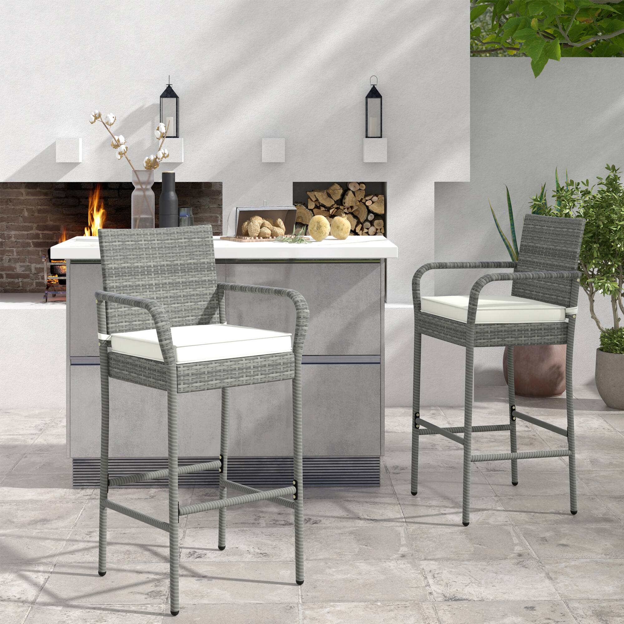 Alt View 2. Gymax - Gymax Set of 4 Rattan Patio Bar Stools Outdoor Bar Height Chairs w/ Cushions - Off White.