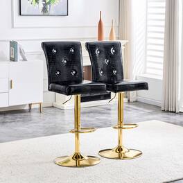 Anysun - Set of 2 Vintage Crocodile Leather Dining Chairs with Crystal Clasp, Faux Leather Lift Chairs for Home or Restaurant - Black,Gold