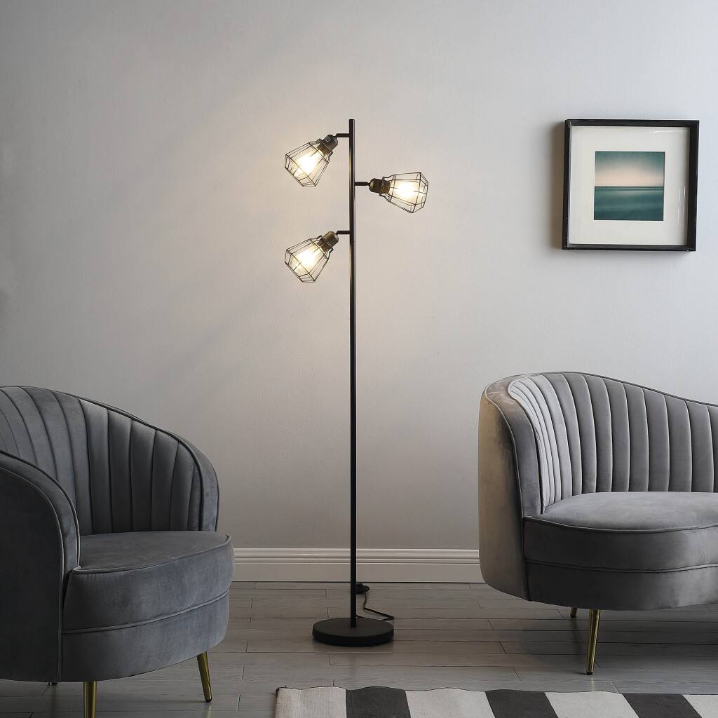 Alt View 1. Hivvago - Hivvago 66 Inch Black Metal Three Light Tree Floor Lamp With Black Metal Cage Shade - Black.