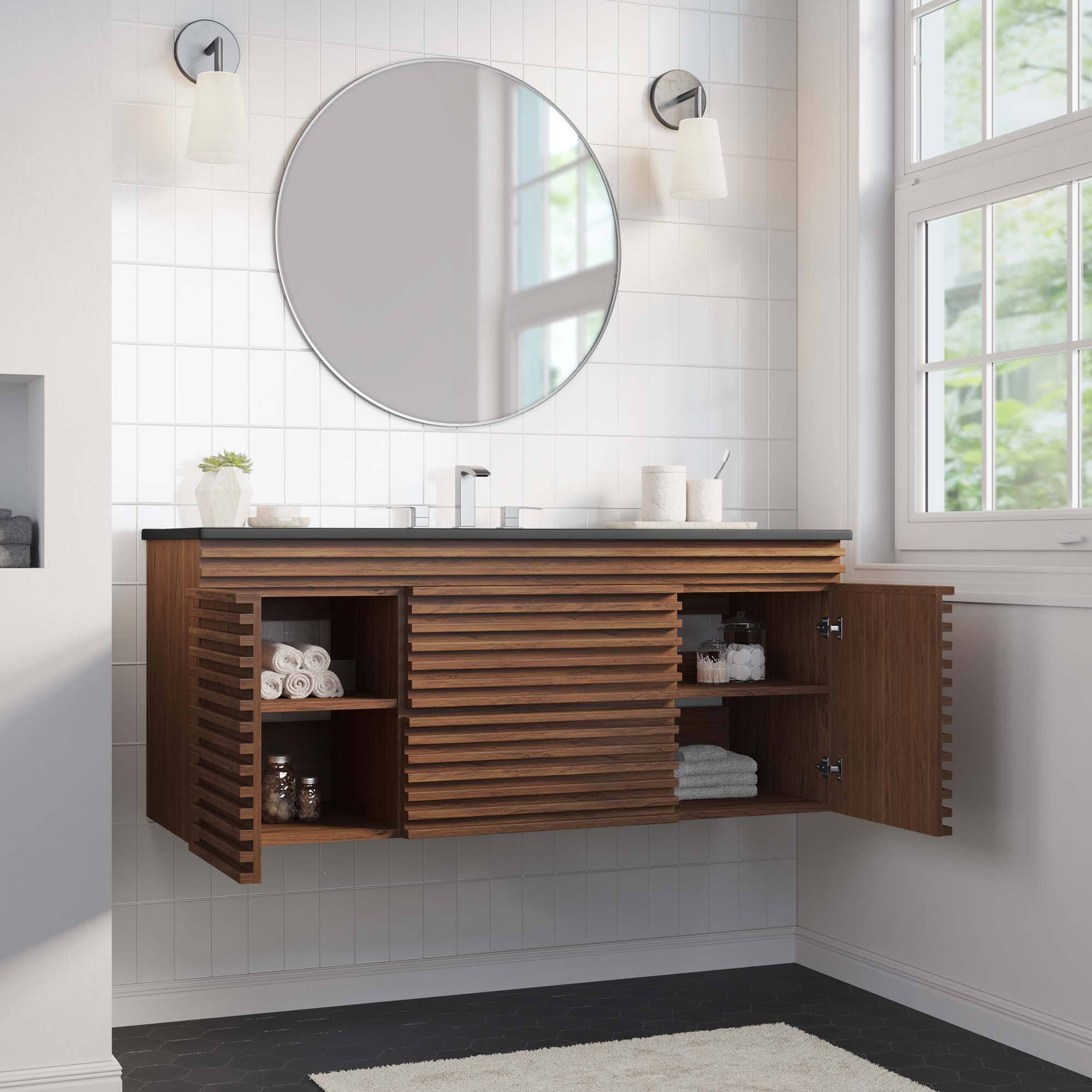 Back. Modway - Render 48" Wall-Mount Bathroom Vanity Basin Included by Modway - Walnut Black.