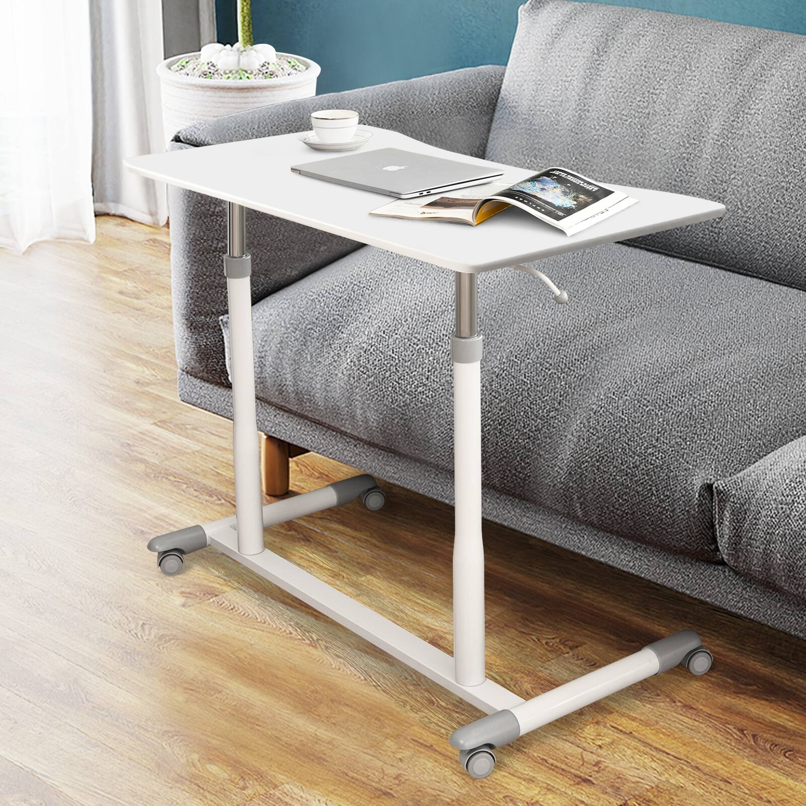 Alt View 7. Ecooso - Height Adjustable Rolling Desk, Sit-to-Stand Laptop Table with Mobile Wheels for Home Office - White.
