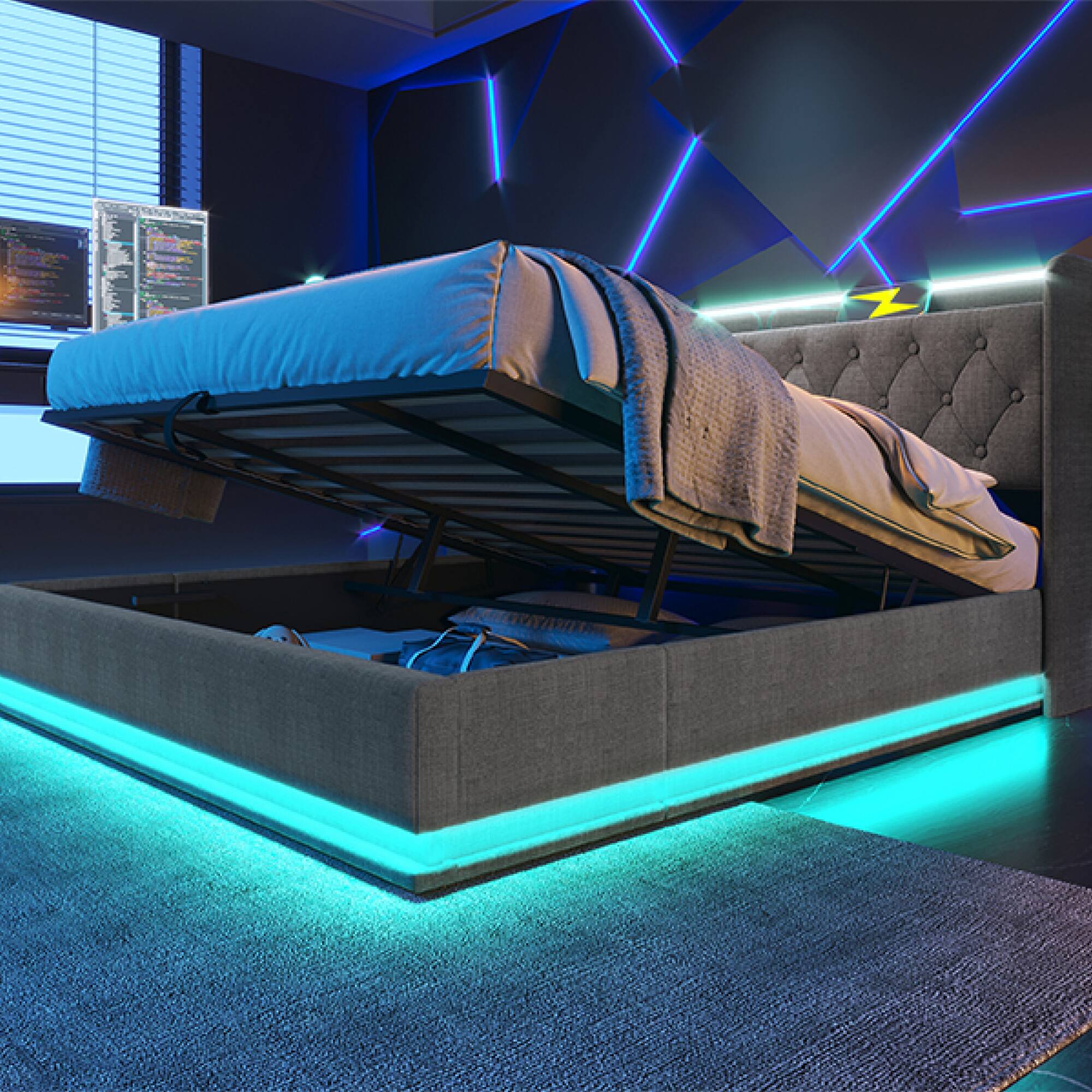 Angle. GOODSILO - King Size Upholstered Bed with LED Lighting, Hydraulic Storage, and USB Charging - Gray.