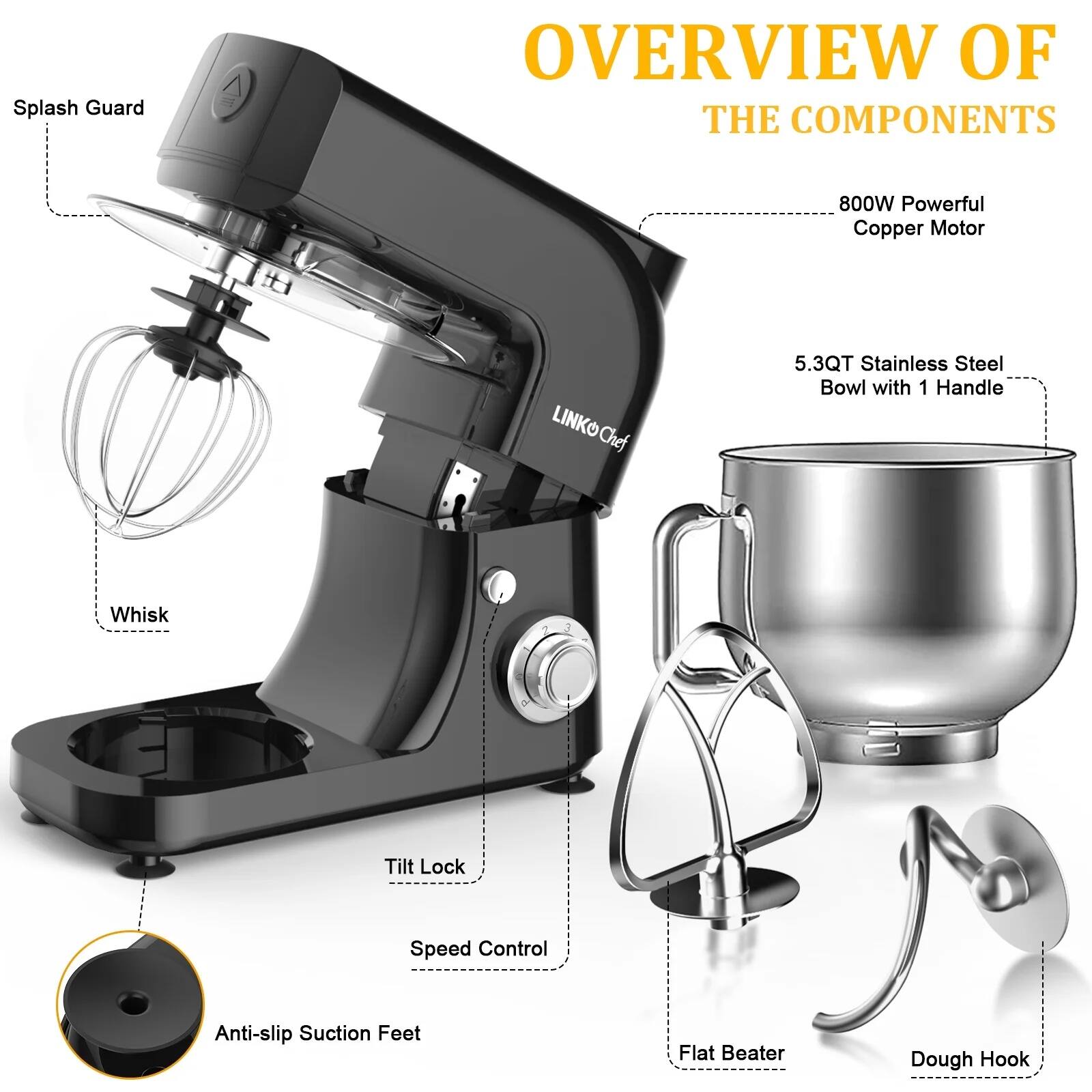 Splash Guard  
OVERVIEW OF THE COMPONENTS  
800W Powerful Copper Motor  
LINKO Chef  
5.3QT Stainless Steel Bowl with 1 Handle  
Whisk  
Tilt Lock  
Speed Control  
Anti-slip Suction Feet  
Flat Beater  
Dough Hook