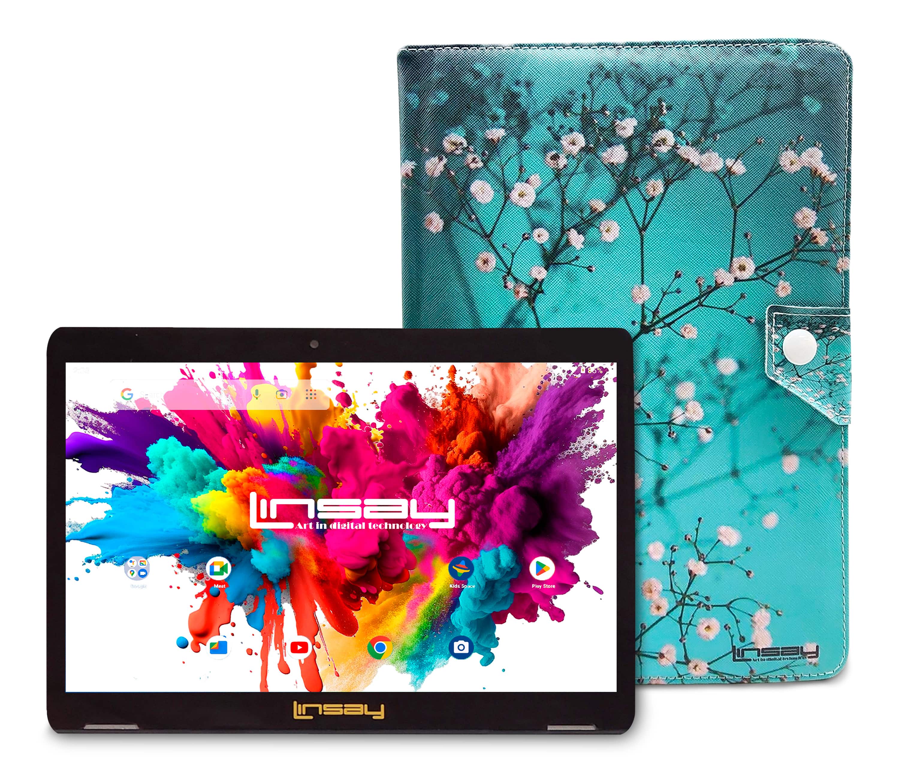 LINSAY - 10.1"Octa Core 128GB Storage Android 15 Tablet with Flowers Marble Case - Red