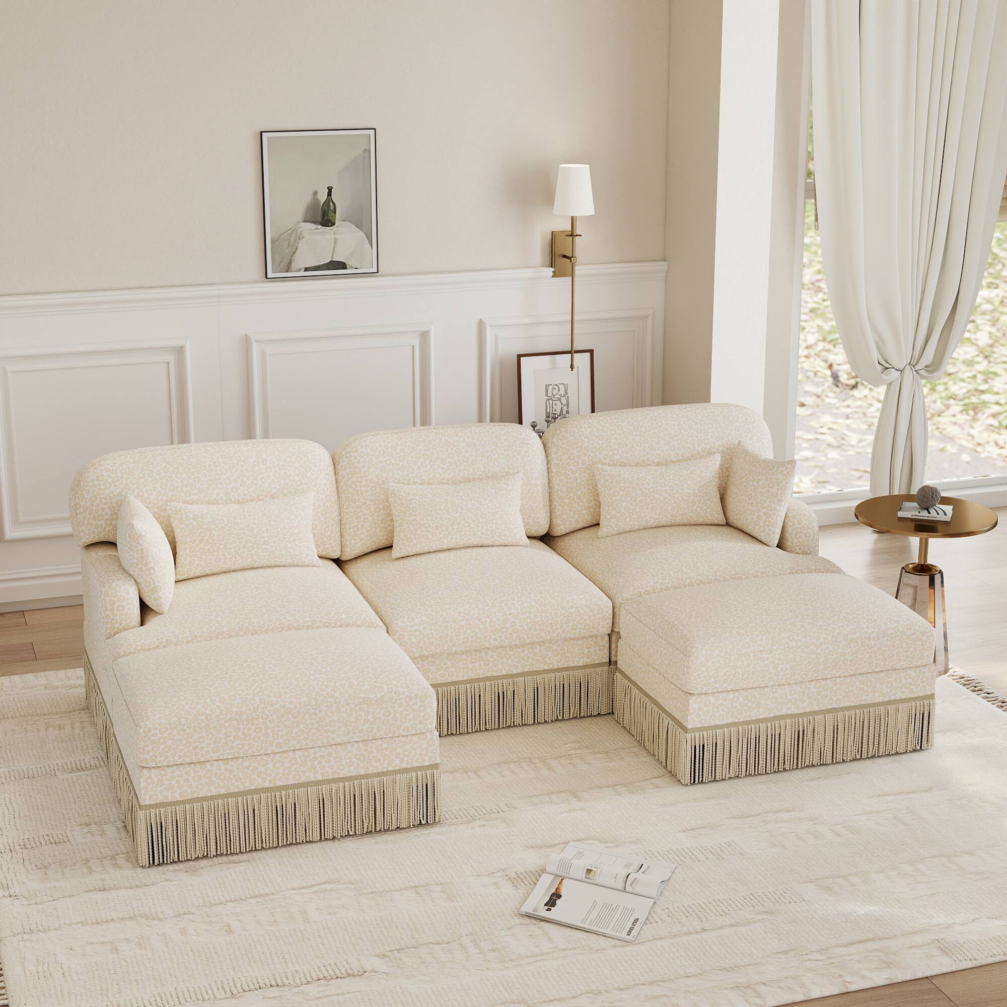 Angle. Anysun - 100" U-Shaped Chenille Leopard Print Sofa with Movable Ottomans & Tassel Edge, Ergonomic Deep Seat for Living Room - Beige.
