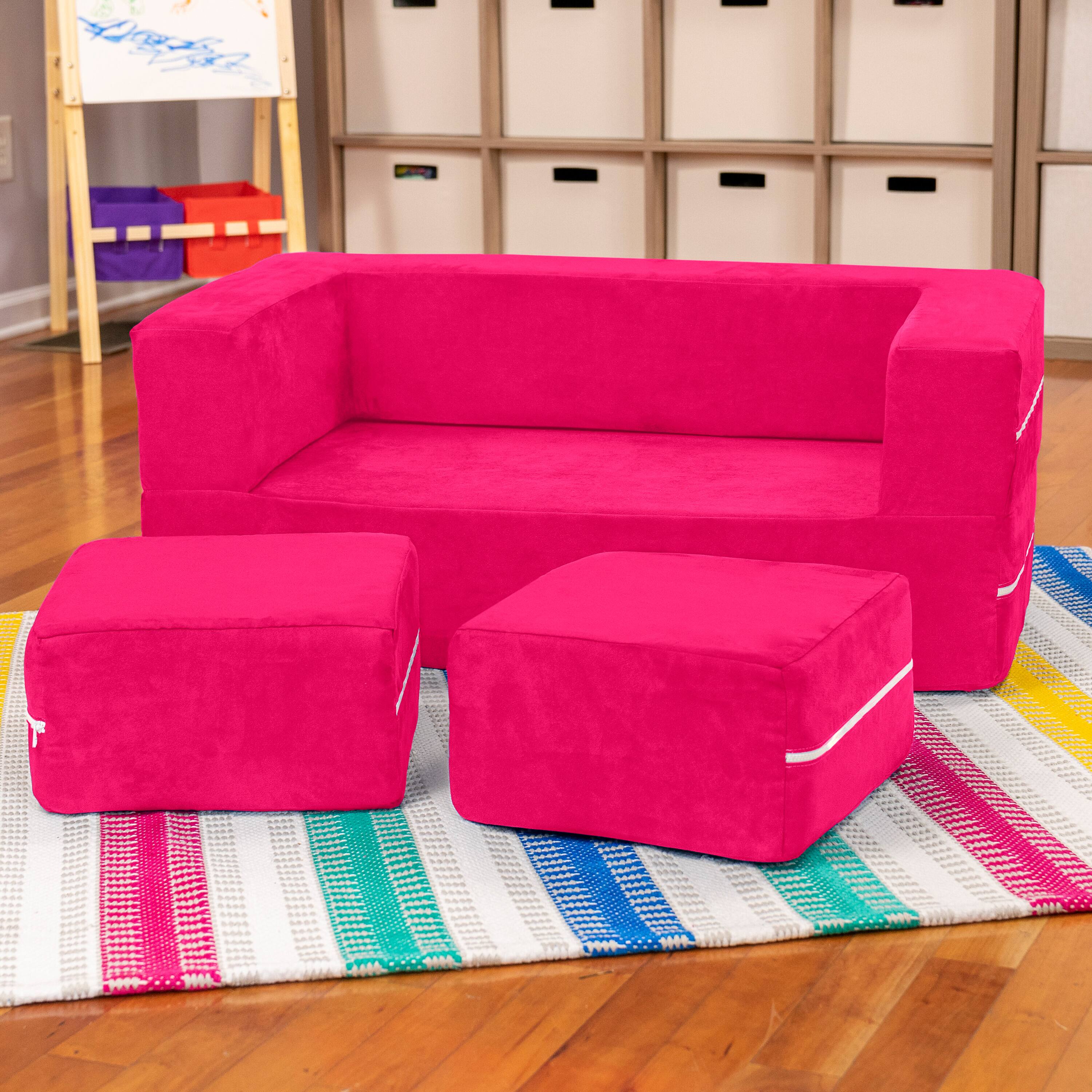 Alt View 1. Jaxx - Jaxx Zipline Kids Modular Loveseat & Ottomans, Fold Out Lounger, Fuchsia - Fuchsia.