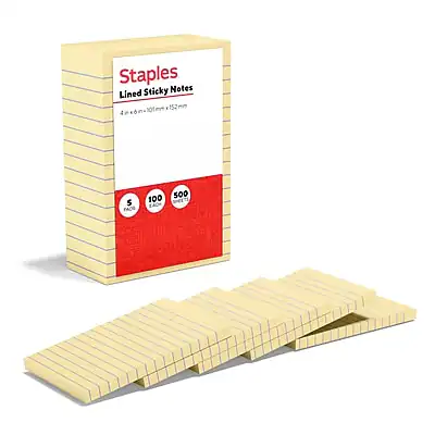 Staples
Lined Sticky Notes
4x6cm (1.5in x 2.5in)
100 Sheets
500 Sheets per Box