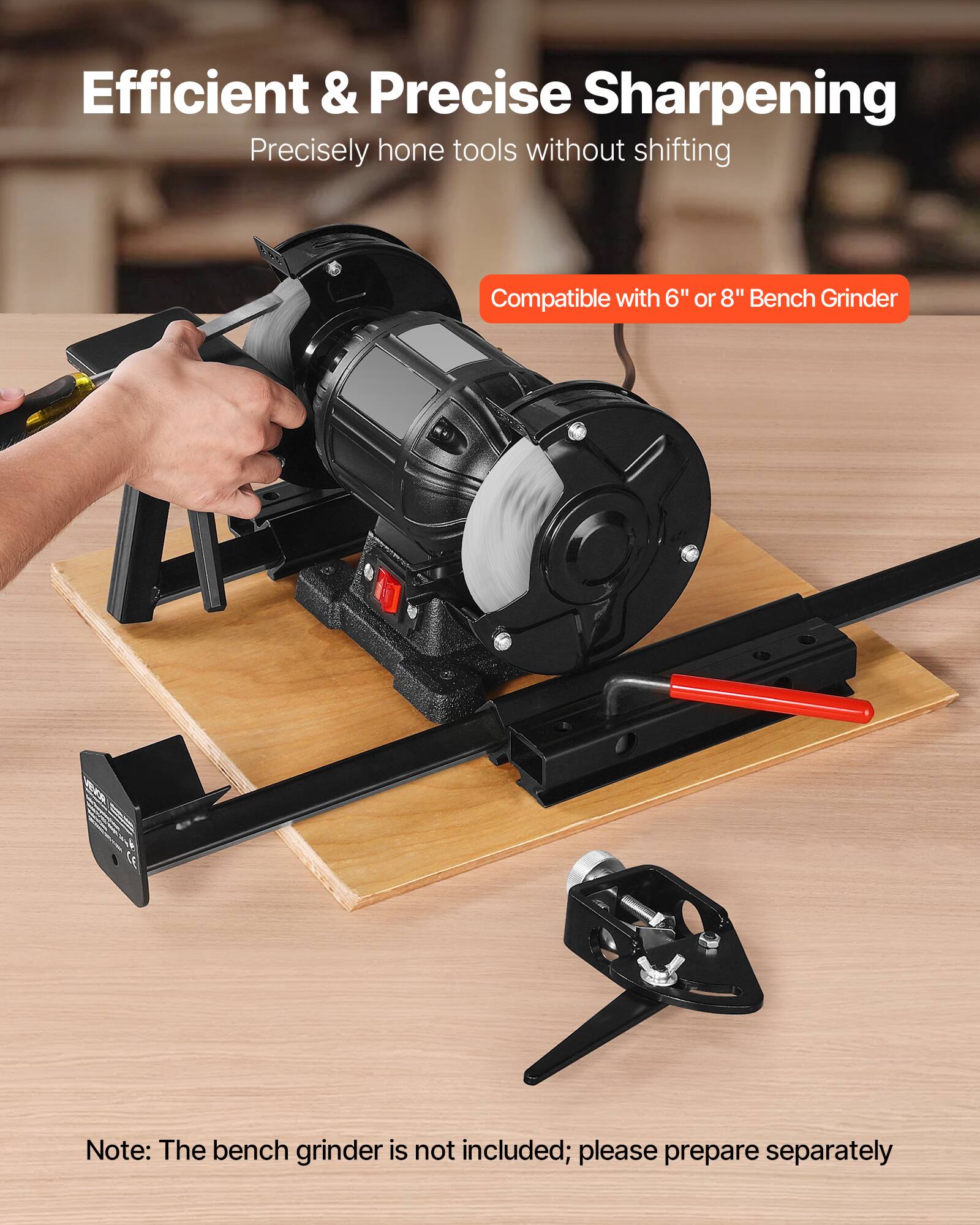Efficient & Precise Sharpening  
Precisely hone tools without shifting  

Compatible with 6" or 8" Bench Grinder  

Note: The bench grinder is not included; please prepare separately