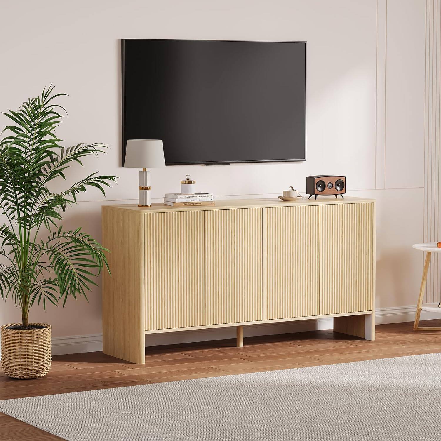 Angle. GARVEE - Modern Fluted Sideboard Buffet Cabinet, 58in Farmhouse Buffet Storage Cabinet, Wood Coffee Bar - Natural.