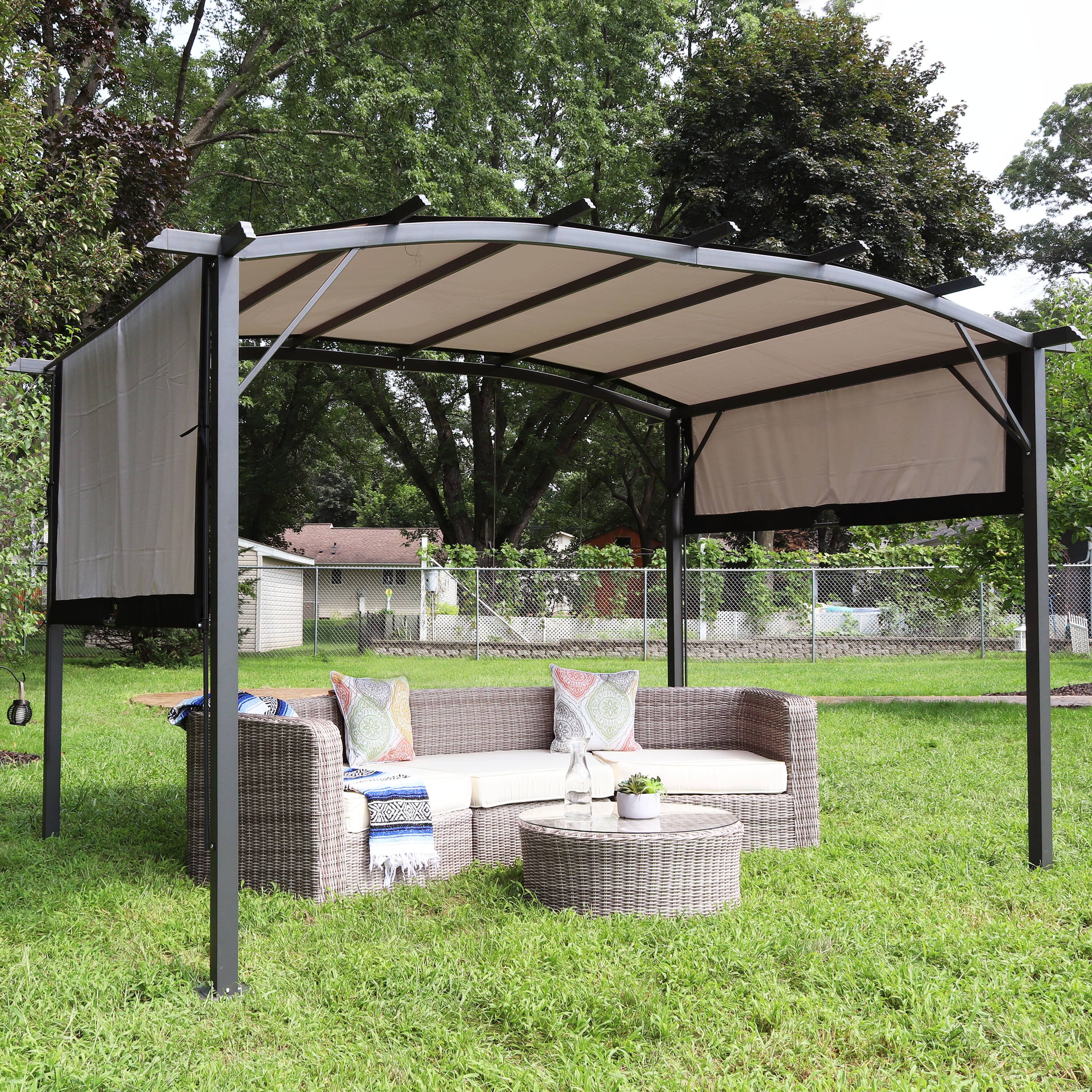 Alt View 5. Sunnydaze - 9 ft x 12 ft Metal Arched Pergola with Retractable Canopy - Gray.