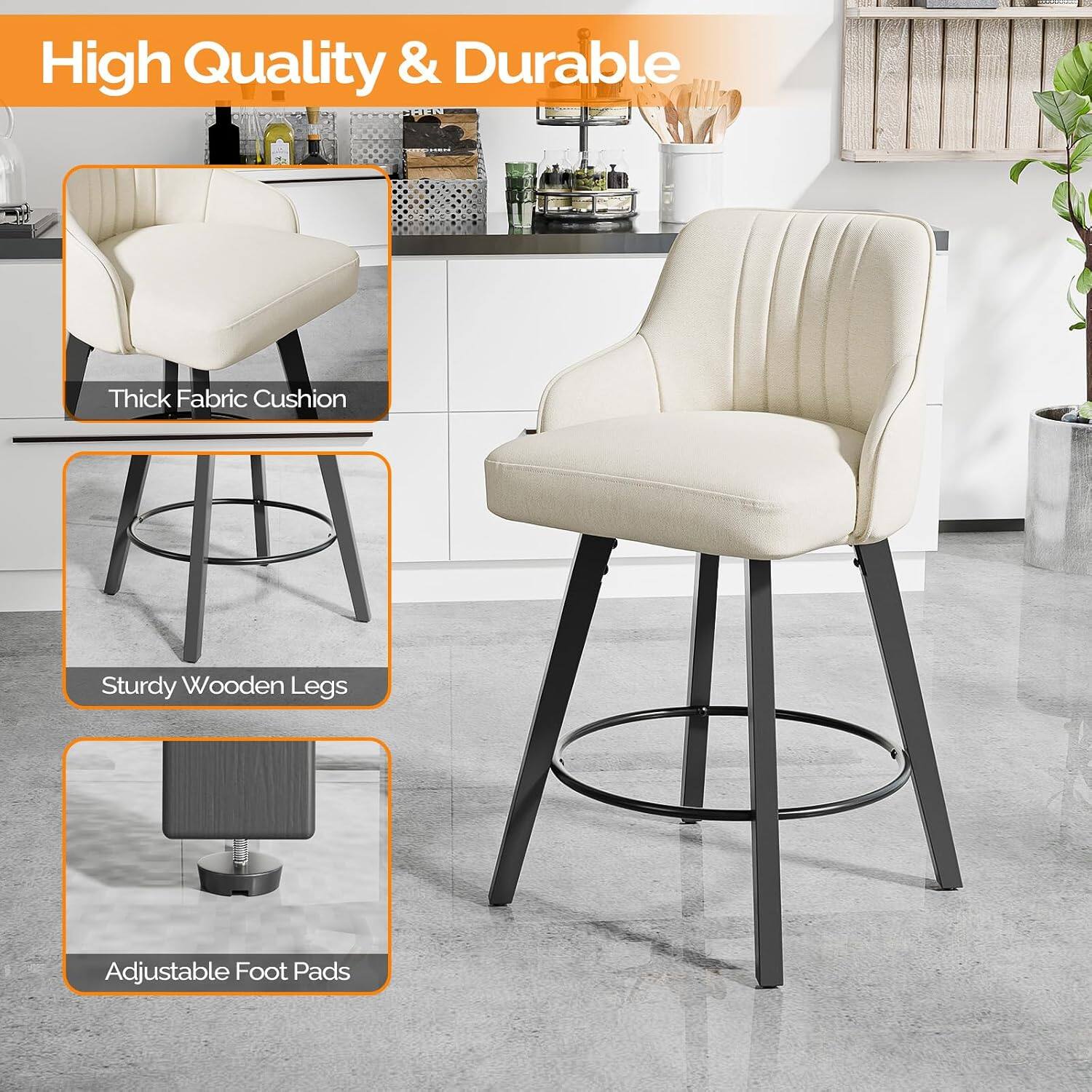 High Quality & Durable  
Thick Fabric Cushion  
Sturdy Wooden Legs  
Adjustable Foot Pads