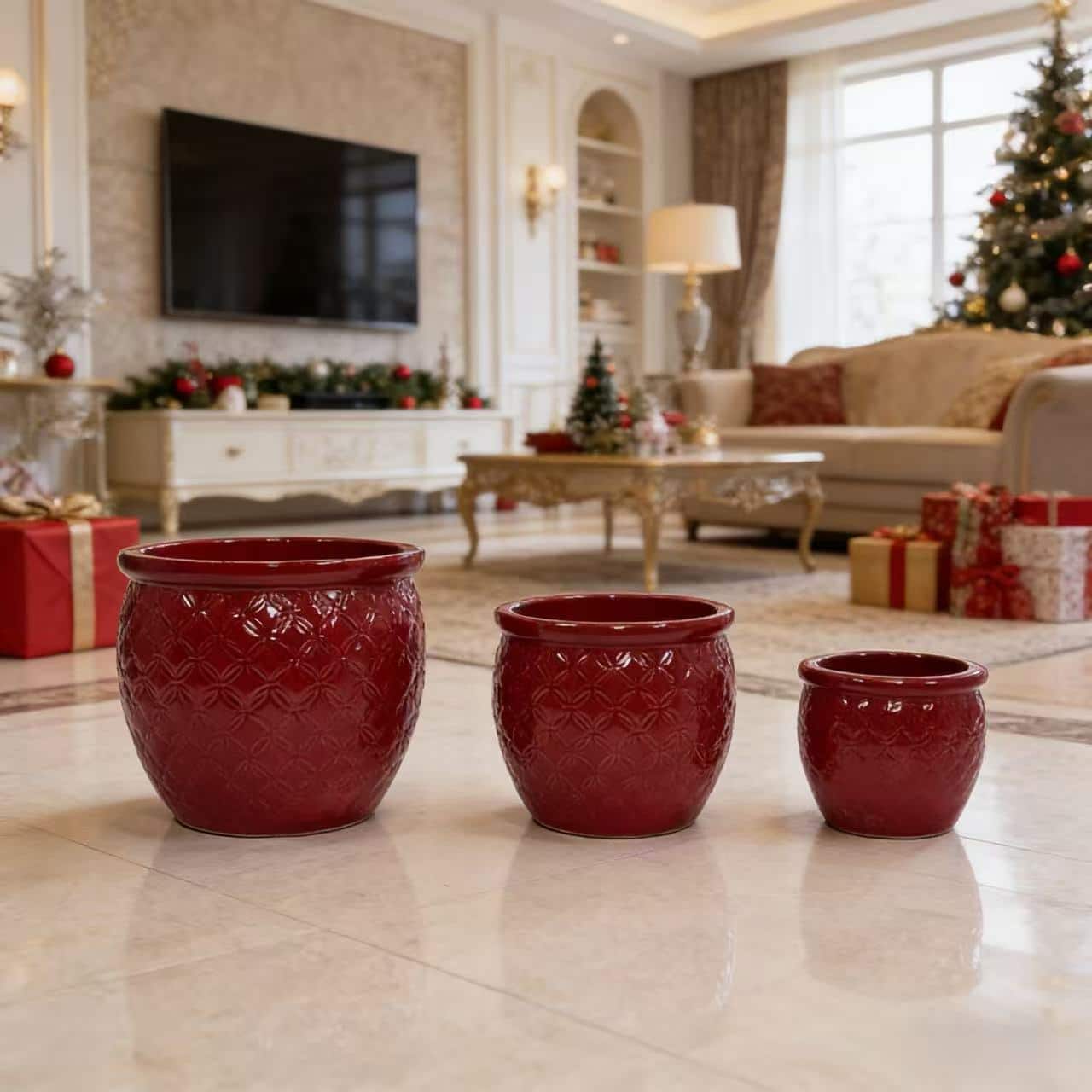 Loheer - Ceramic Planter Set Handmade Set of 3 Red Ceramic Planters with Floral Embossed Pattern for Orchids