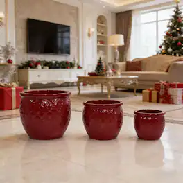 Loheer - Ceramic Planter Set Handmade Set of 3 Red Ceramic Planters with Floral Embossed Pattern for Orchids