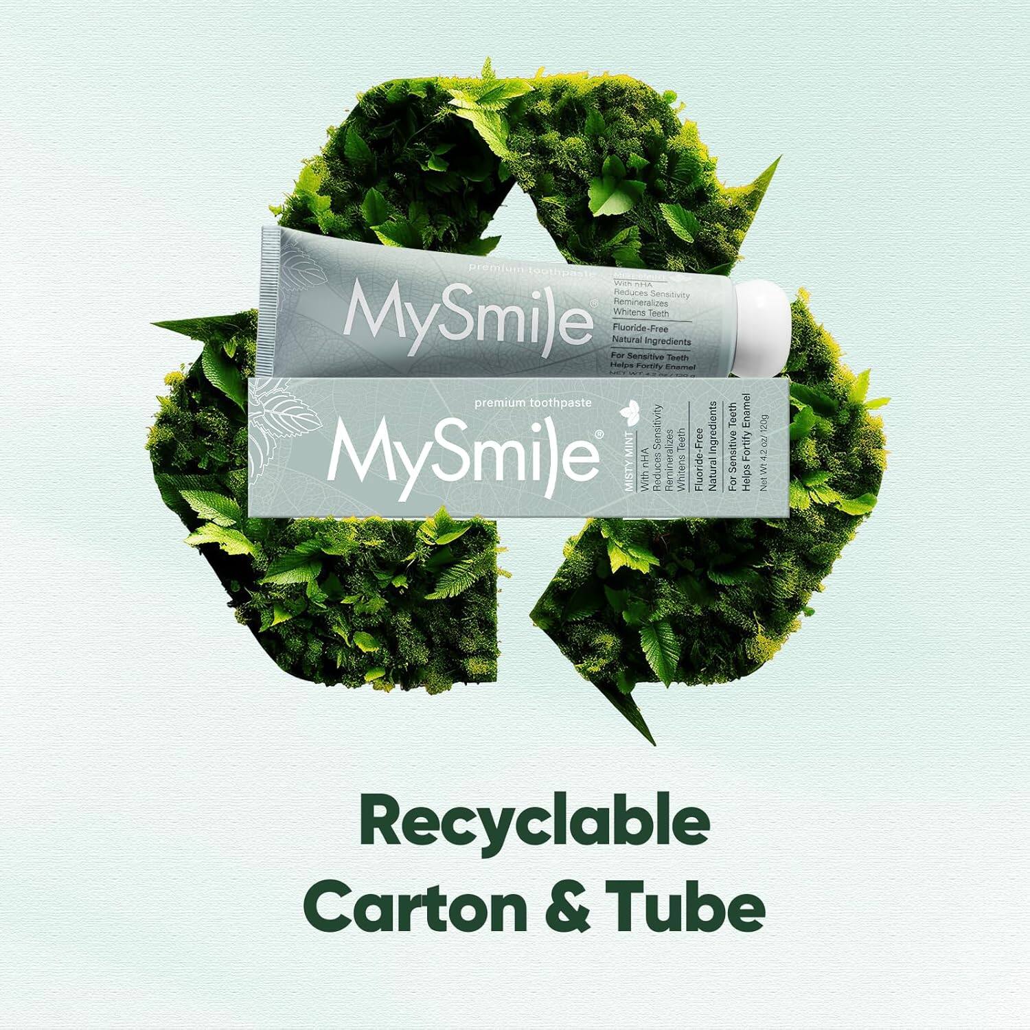 premium toothpaste MySmile  
Reduces Sensitivity  
Remineralizes Teeth  
Whitens Teeth  
Natural Fluoride-Free  
Sensitive Teeth  
Natural Ingredients  
Helps Fortify Enamel  

MySmile  
premium toothpaste  
Reduces Sensitivity  
Remineralizes Teeth  
Whitens Teeth  
Natural Fluoride-Free  
Sensitive Teeth  
Natural Ingredients  
Helps Fortify Enamel  

Recyclable Carton & Tube