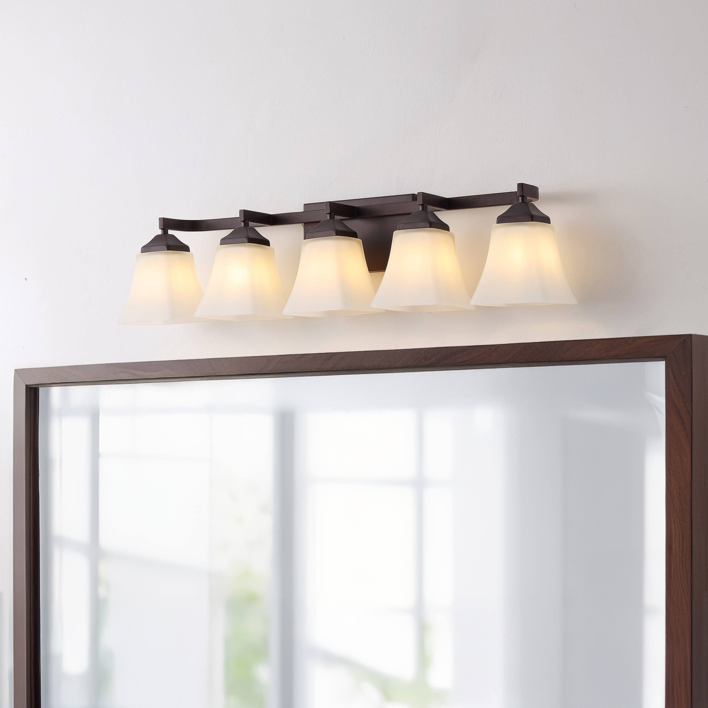 Alt View 1. Jonathan Y - Staunton 32.5" 5-Light Farmhouse Cottage Metal LED Vanity Light with Frosted Glass Shades, Oil Rubbed Bronze - Oil Rubbed Bronze.