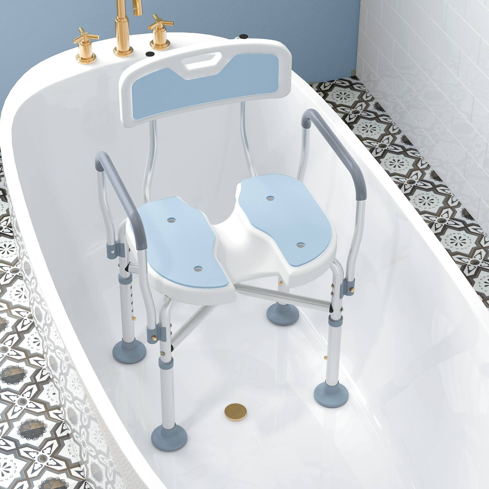 Alt View 1. Homcom - Seat with Adjustable Height, Anti-slip, HDPE Padded Shower Chair with Arms and Back - Light Blue.