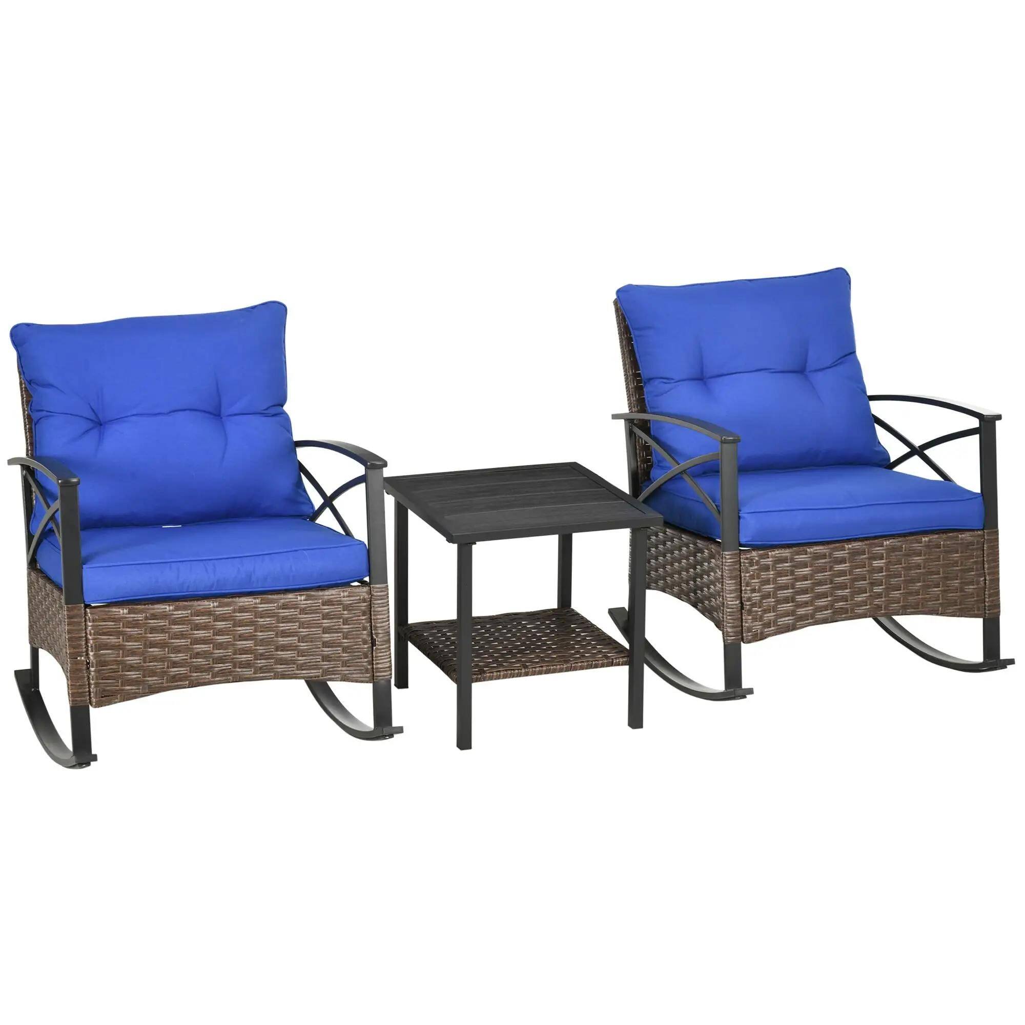 Angle. Resenkos - Resenkos 3-Piece Patio Set, Outdoor Wicker Bistro with Oversize Rockers, Garden Porch Backyard Comfort,Blue - Blue.