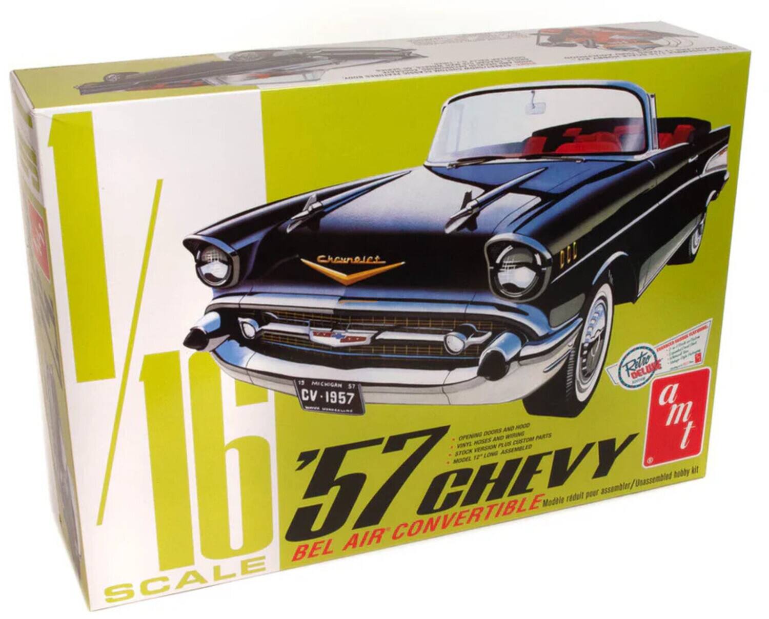 1/16 SCALE  
1957 CHEVY  
BEL AIR CONVERTIBLE  
CV-1957  
OPENING DOORS AND HOOD  
1/16 CUSTOM PARTS  
STOCK VERSION PLUS CUSTOM PARTS  
MODEL 1/16 ASSEMBLED  
Modele réduit pour assembler / Unassembled hobby kit  
a m t  
DELUXE