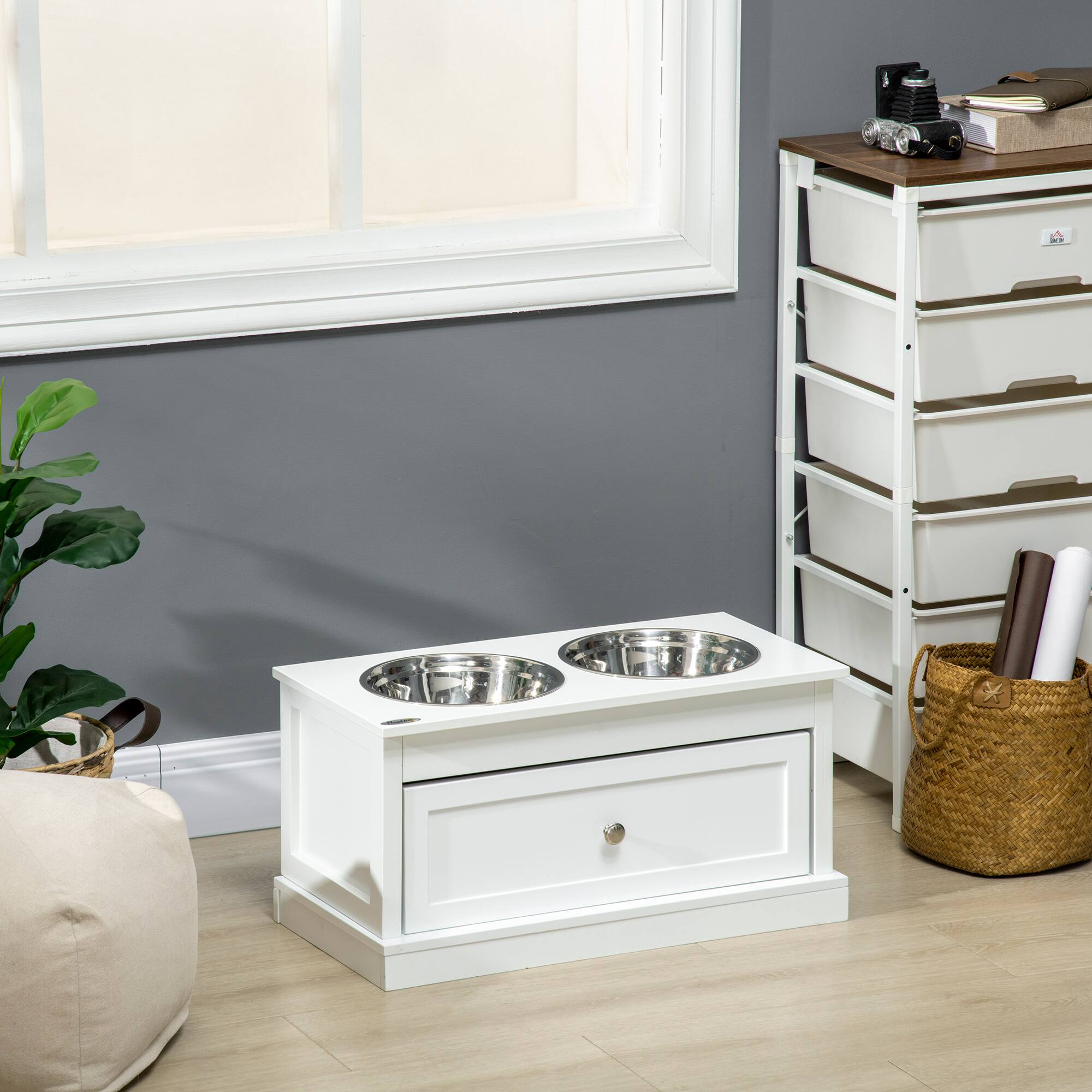 Alt View 1. Pawhut - Elevated Dog Bowls with Storage Drawer Containing 11L Capacity - White.