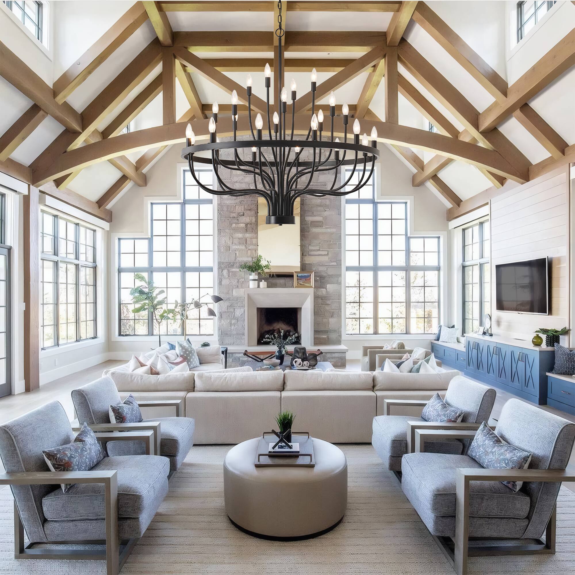 Left. RYHNUYNE - 24-Light Farmhouse Foyer Chandelier Entryway High Ceiling 39.3 Inch Modern Black Chandelier for Hallway Living Room - Black.